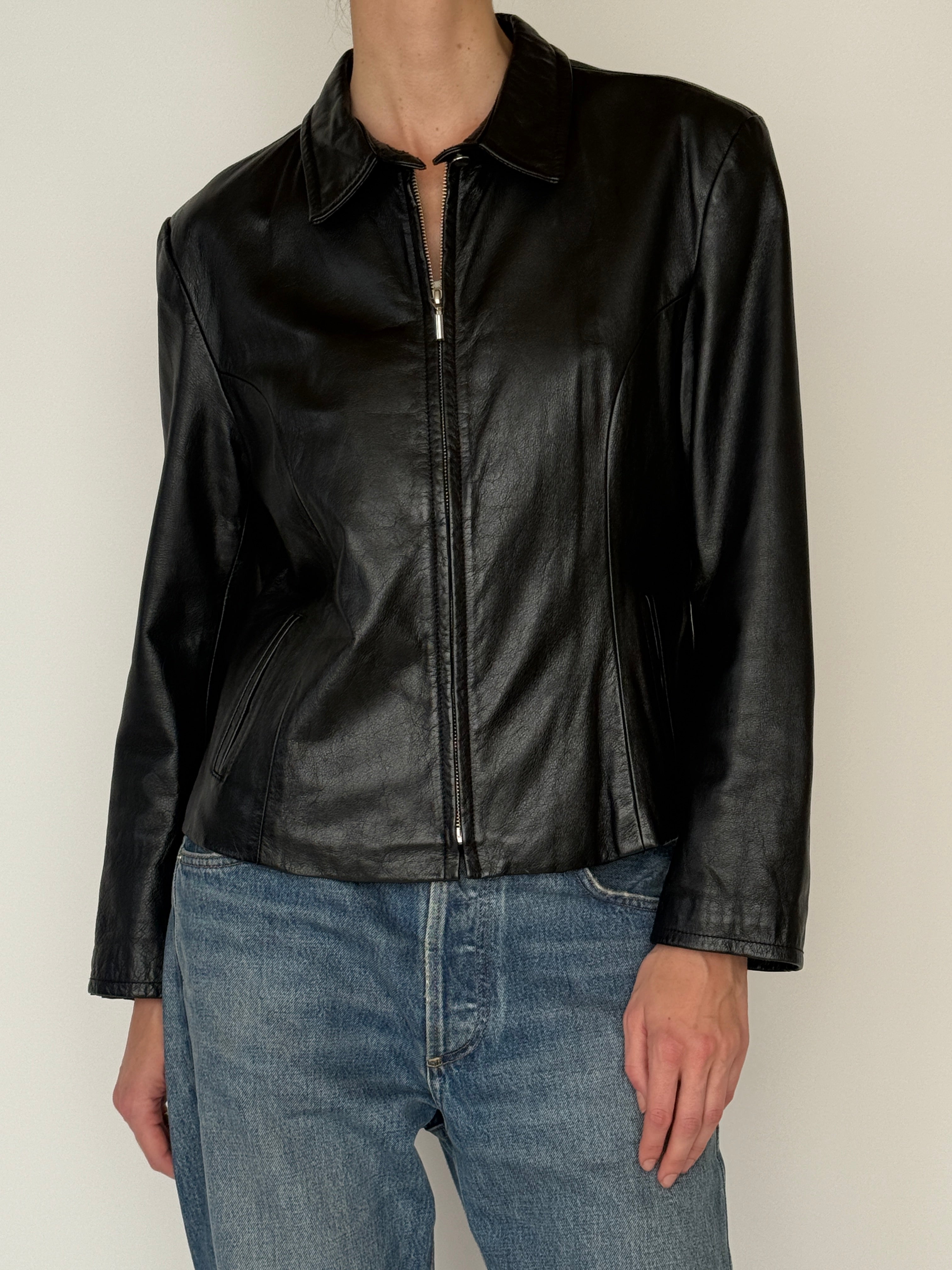 Vintage black leather zip jacket front view