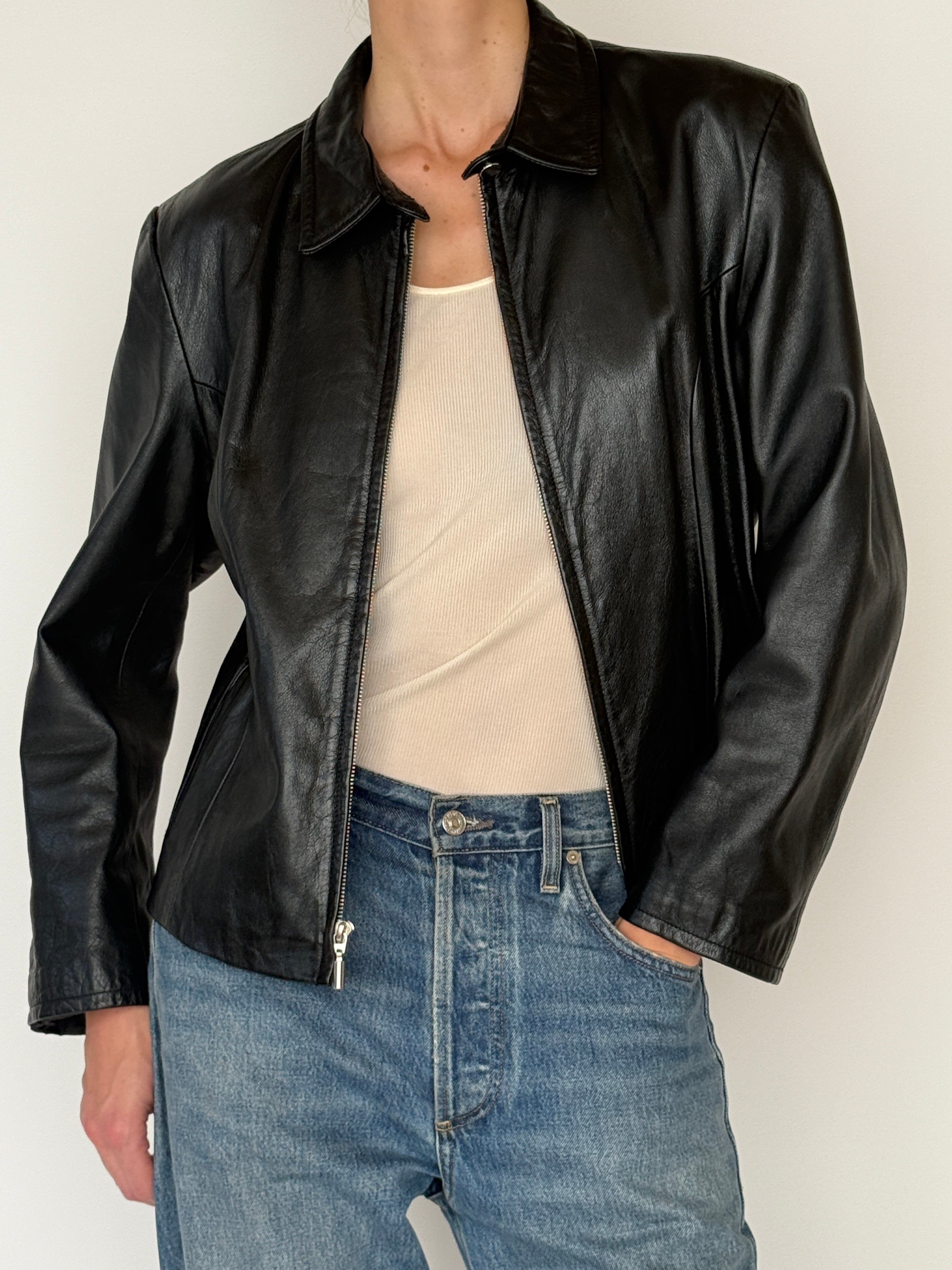 Vintage black leather zip jacket front view