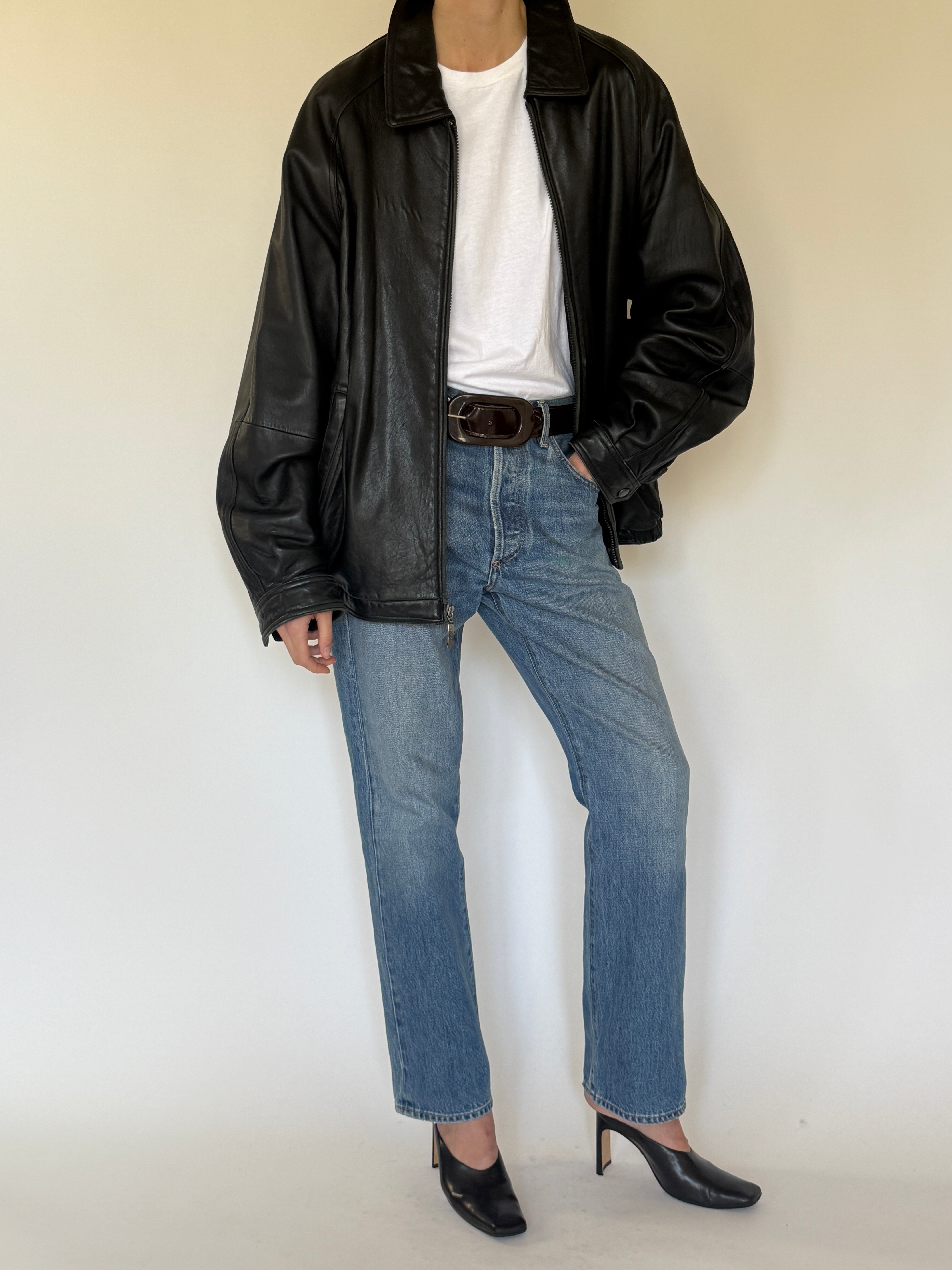 Vintage leather jacket collar detail black