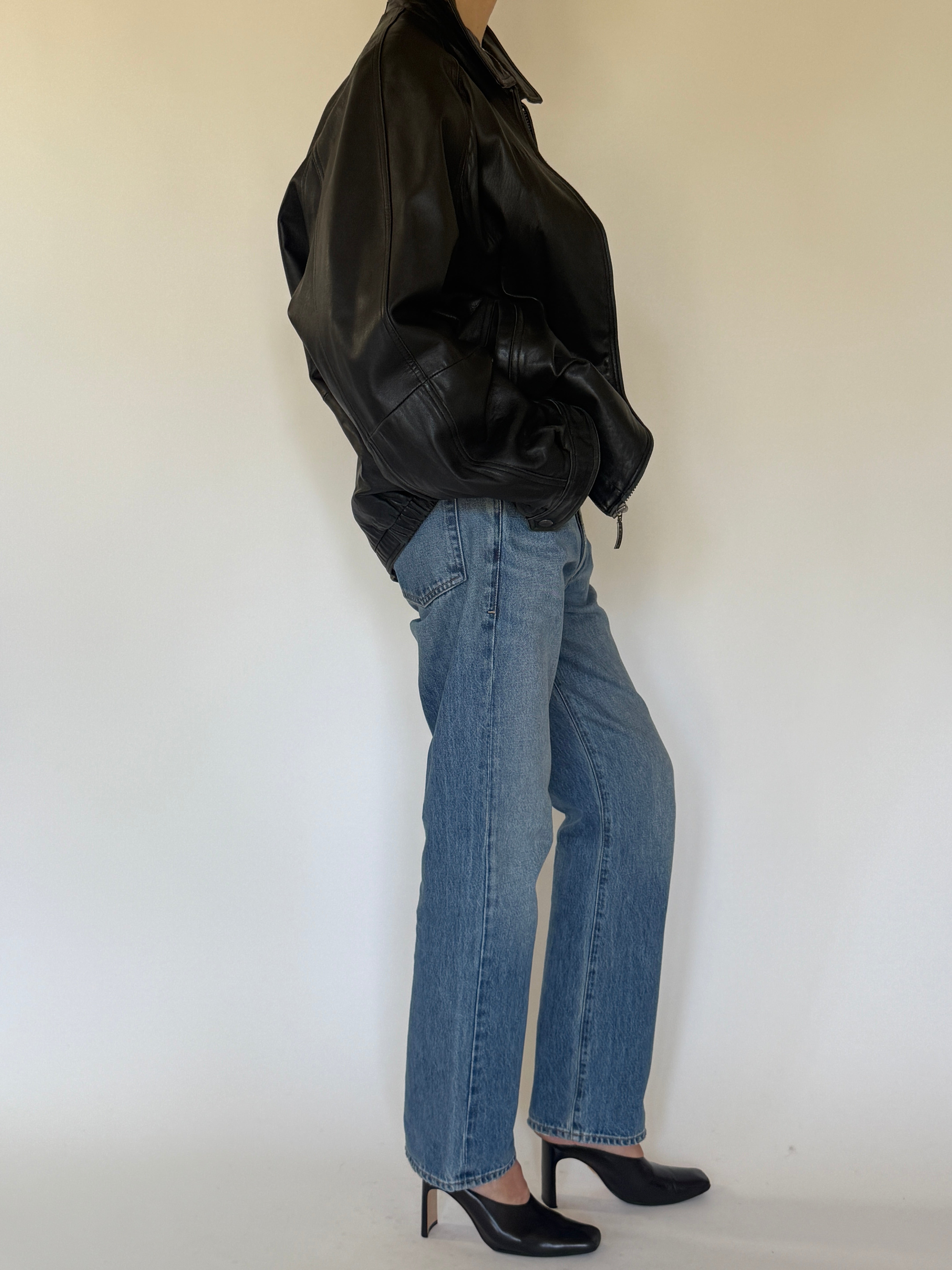 Vintage oversized leather zip-front jacket side view black