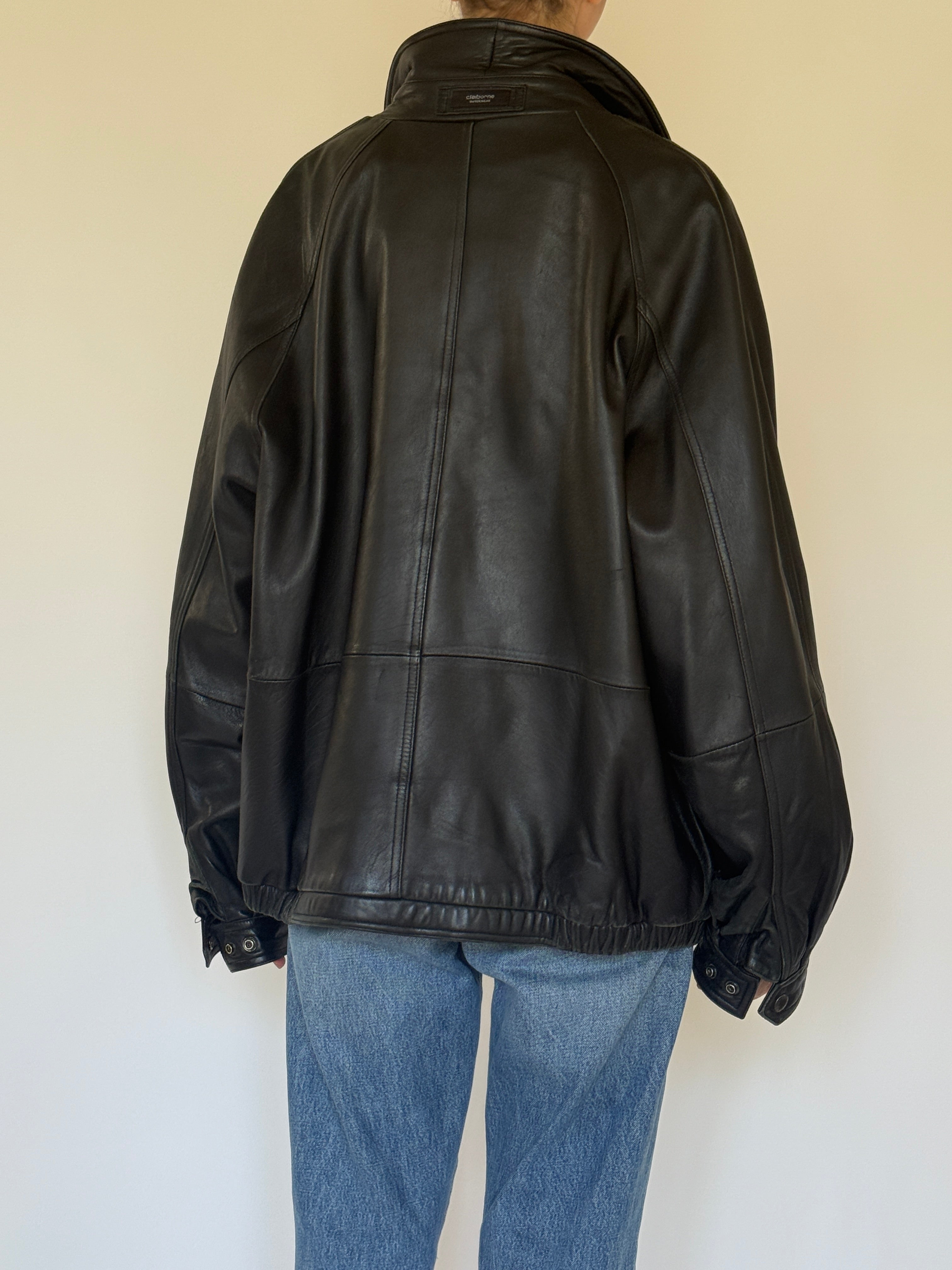 Vintage oversized leather zip-front jacket back view black