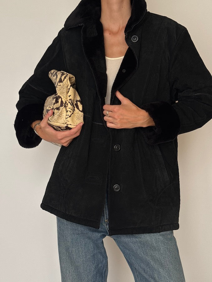 Vintage Faux Shearling Suede Jacket Black 6467
