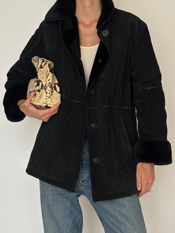 Vintage Faux Shearling Suede Jacket Black 6467