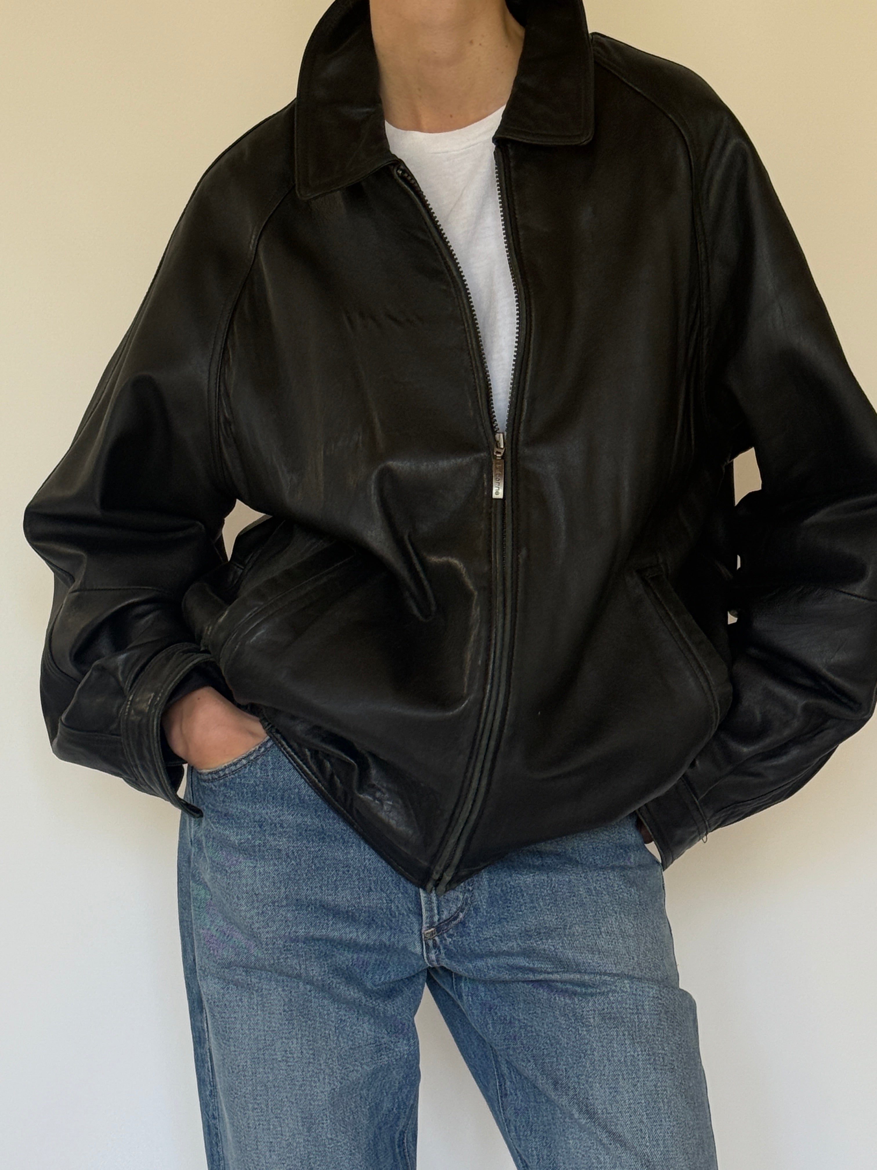 Vintage leather jacket zipper detail black