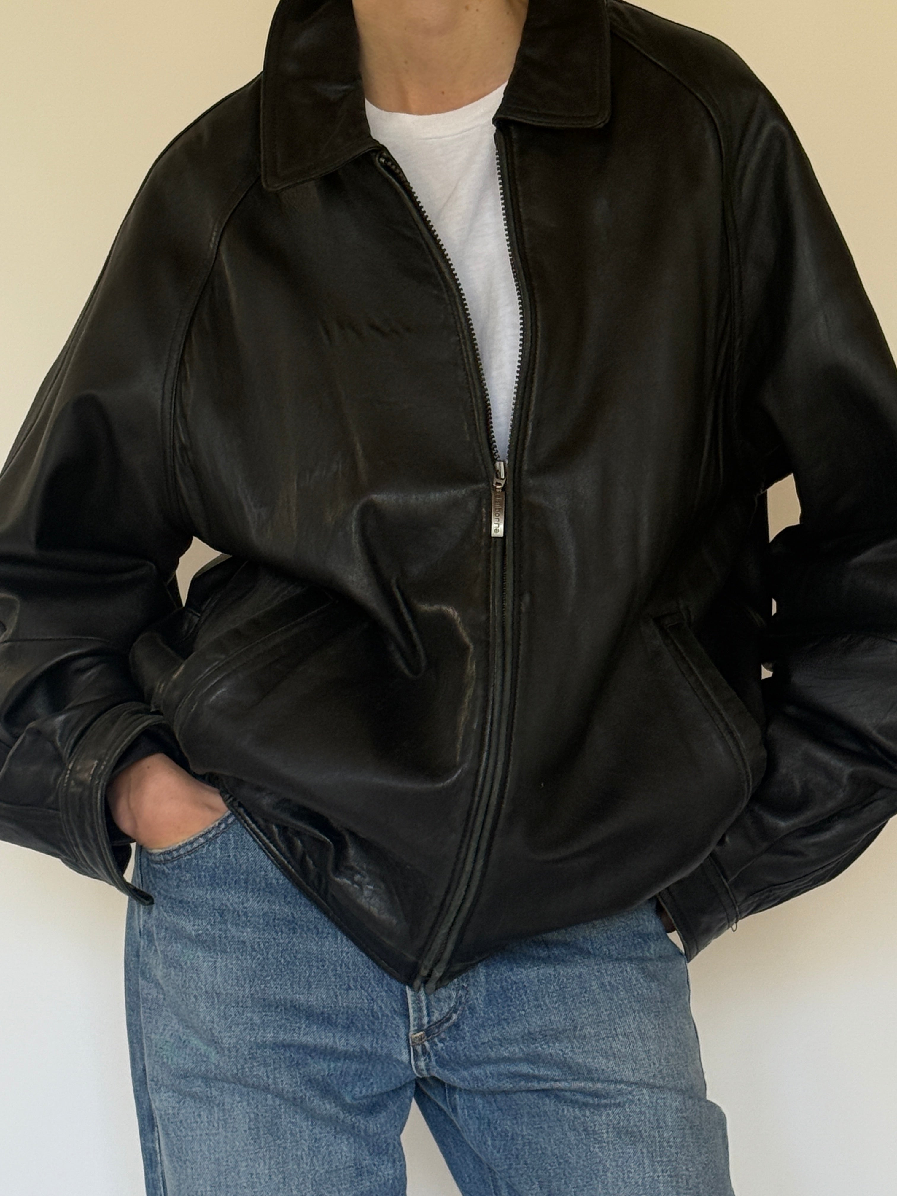 Vintage oversized leather zip-front jacket front view black