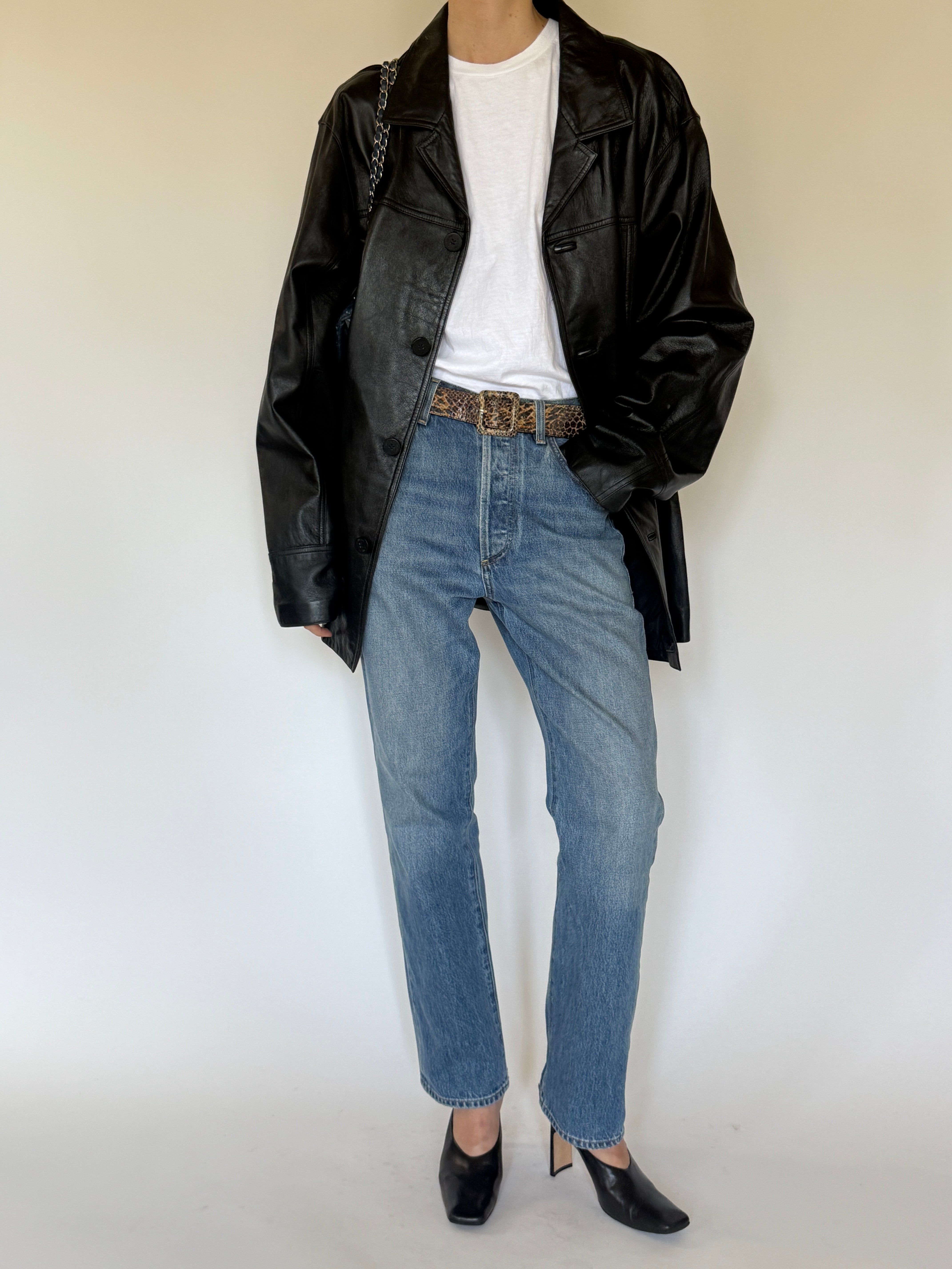 Vintage black leather jacket front view