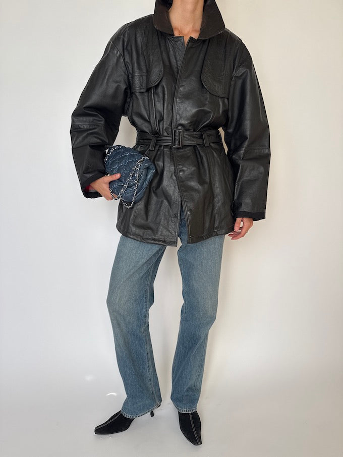 Vintage Black Belted Leather Jacket 6515