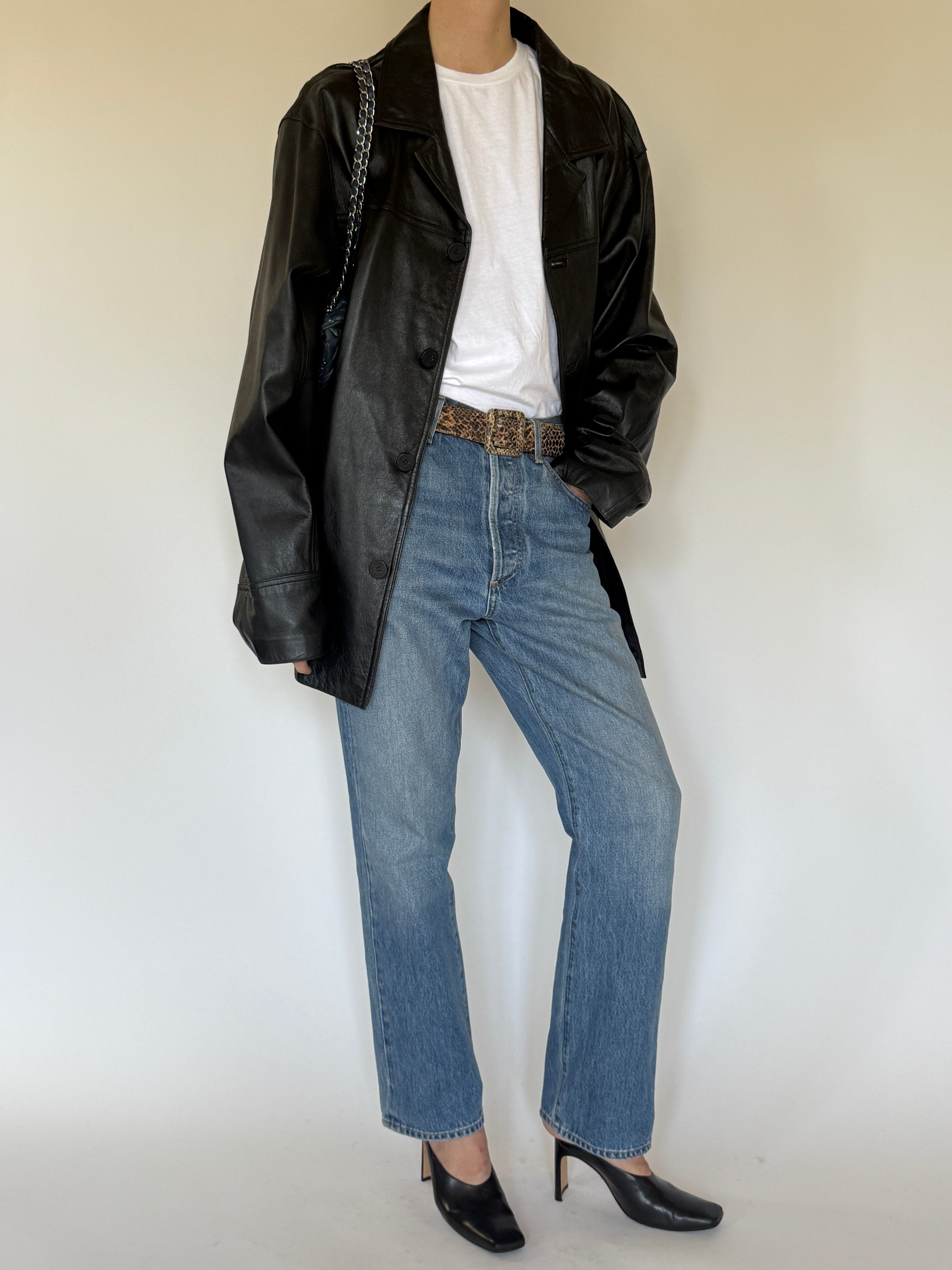 Vintage black leather jacket front view