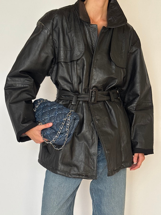 Vintage Black Belted Leather Jacket 6515