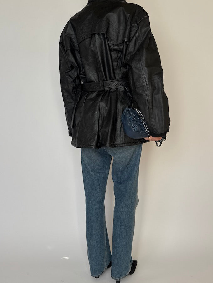 Vintage Black Belted Leather Jacket 6515