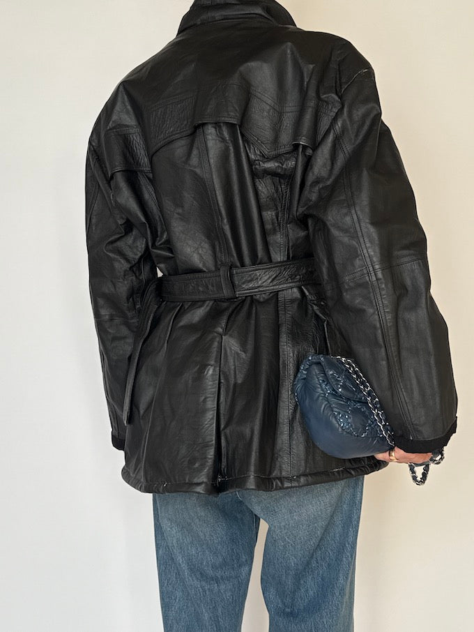 Vintage Black Belted Leather Jacket 6515