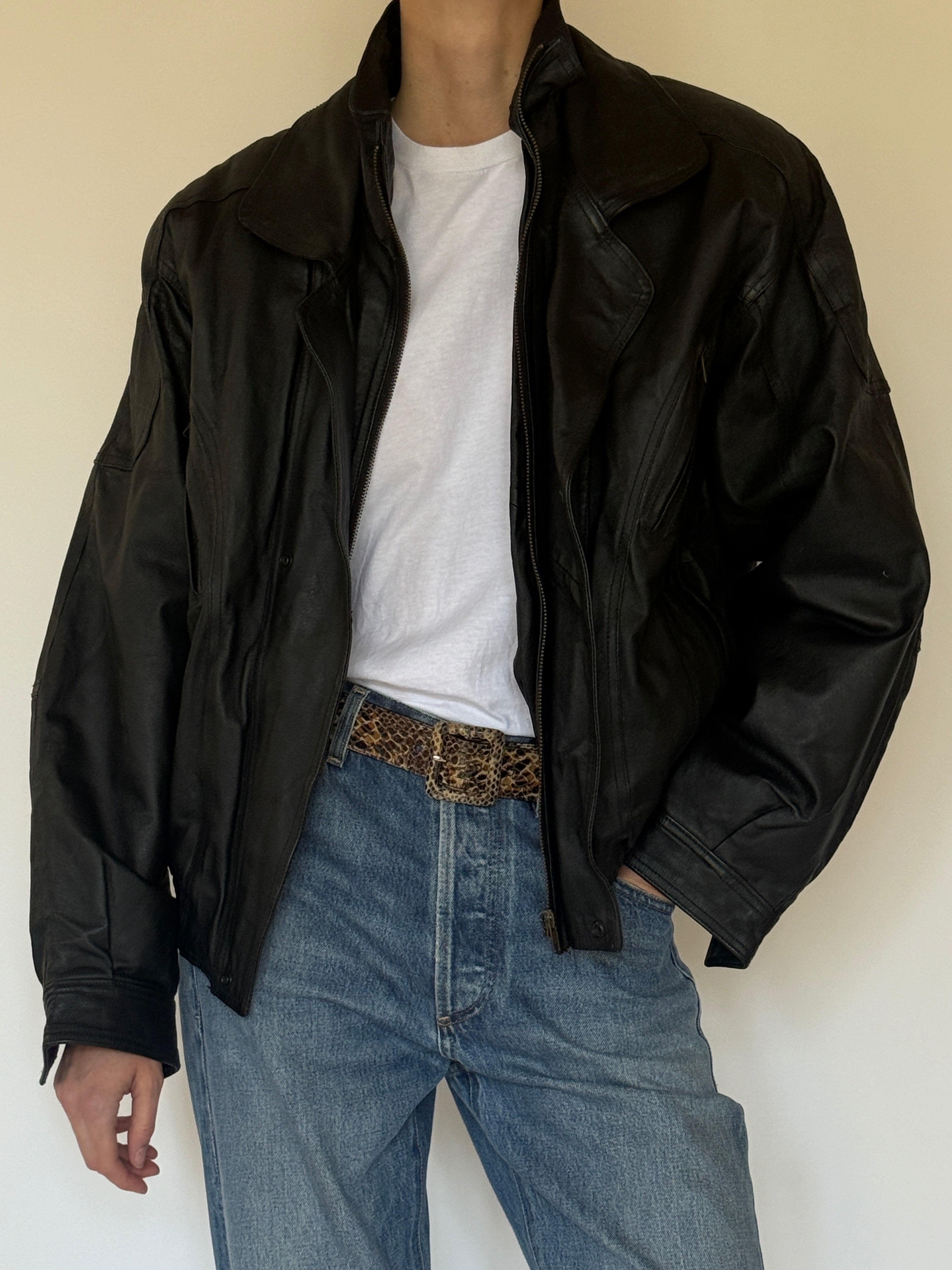 Vintage black leather jacket front view