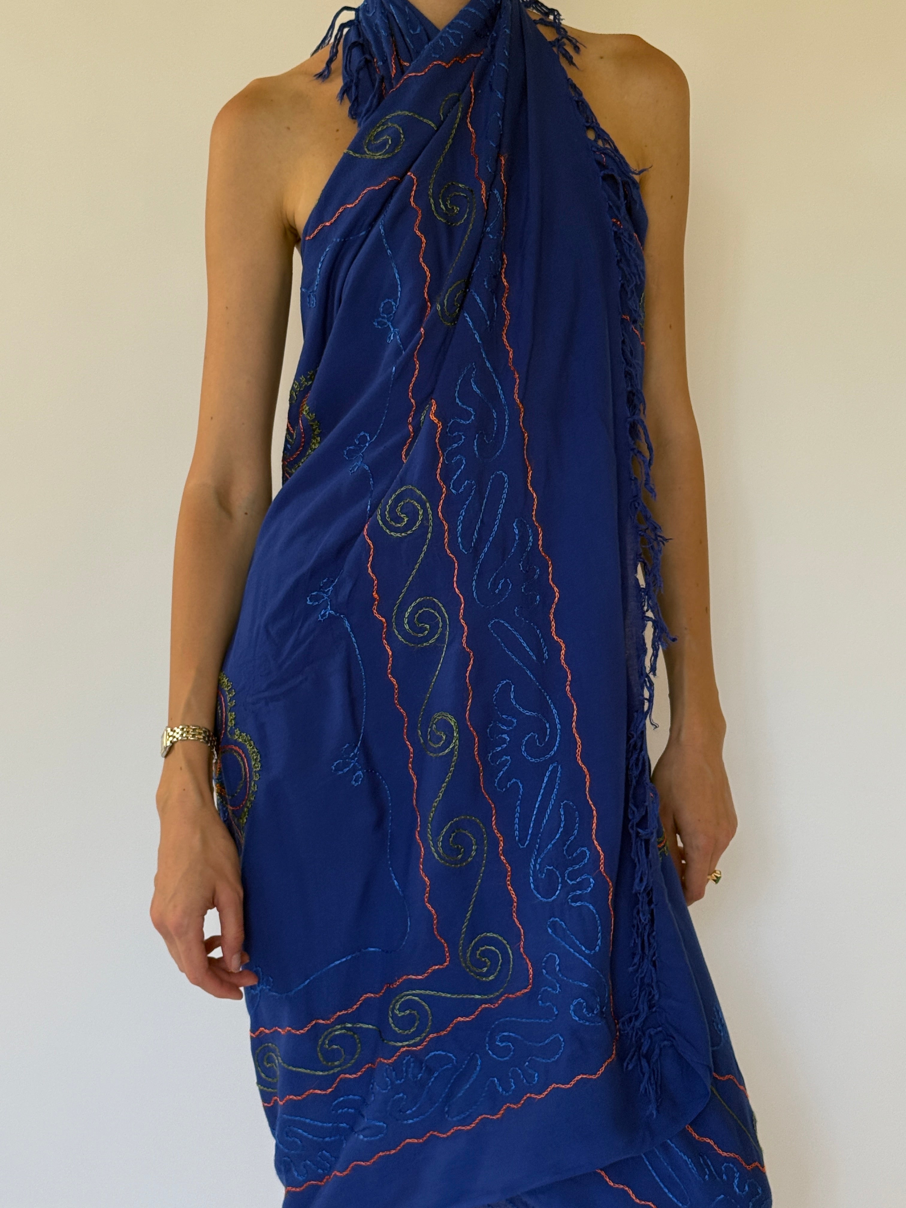Vintage royal blue sarong worn as a dress