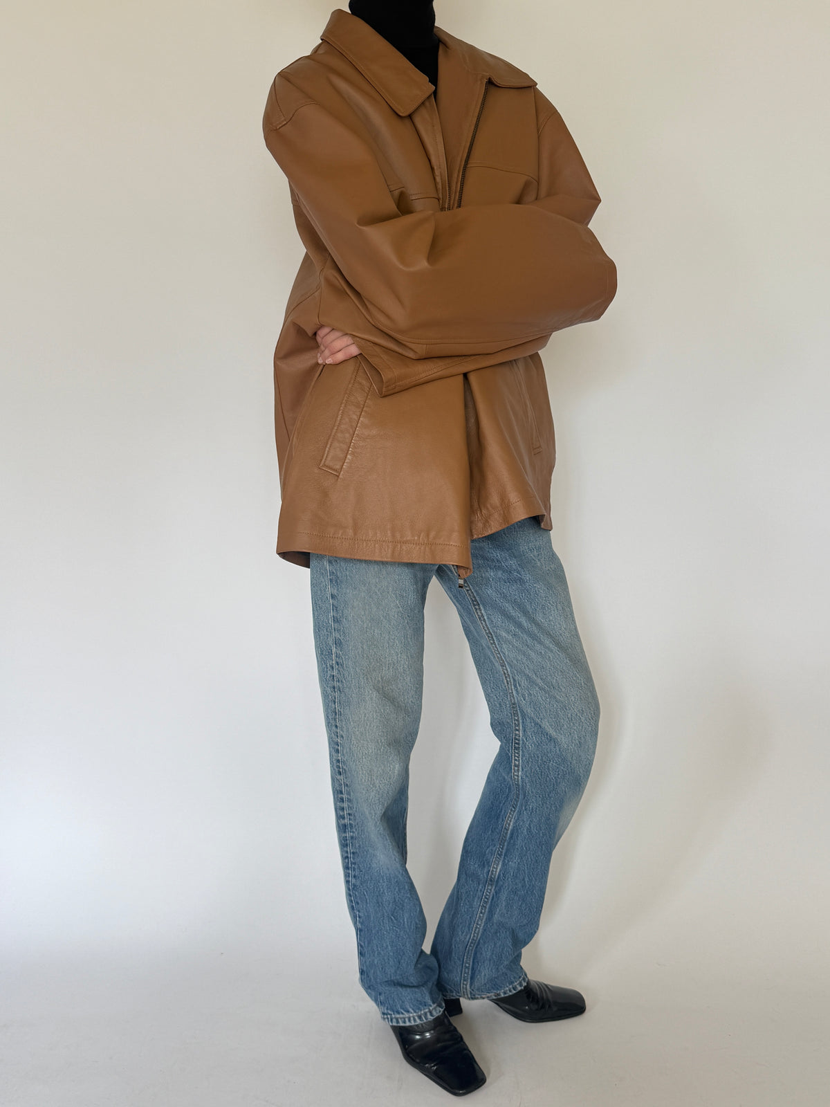 Vintage Zip-Front Leather Jacket Brown 0077