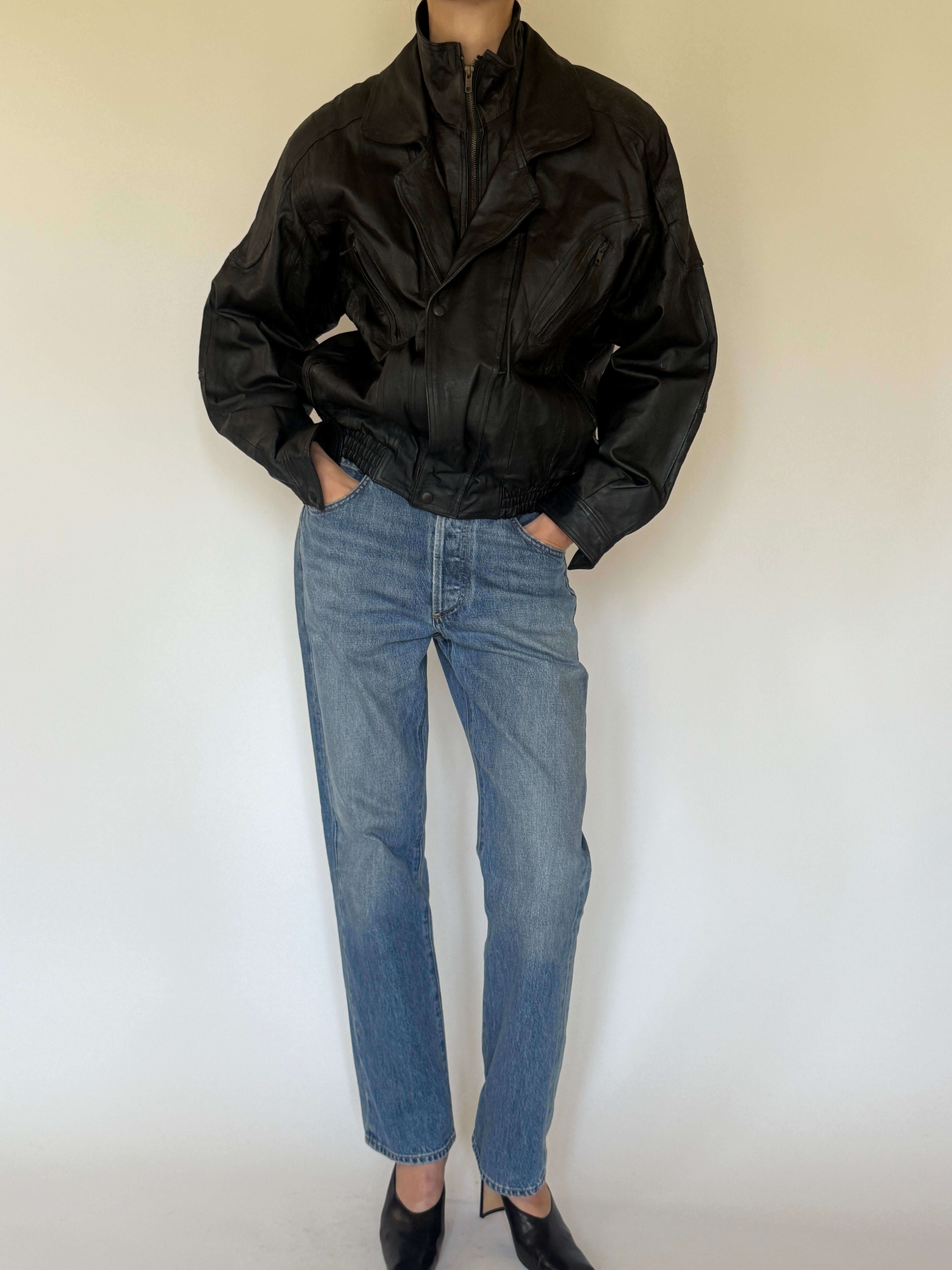 Vintage black leather jacket front view
