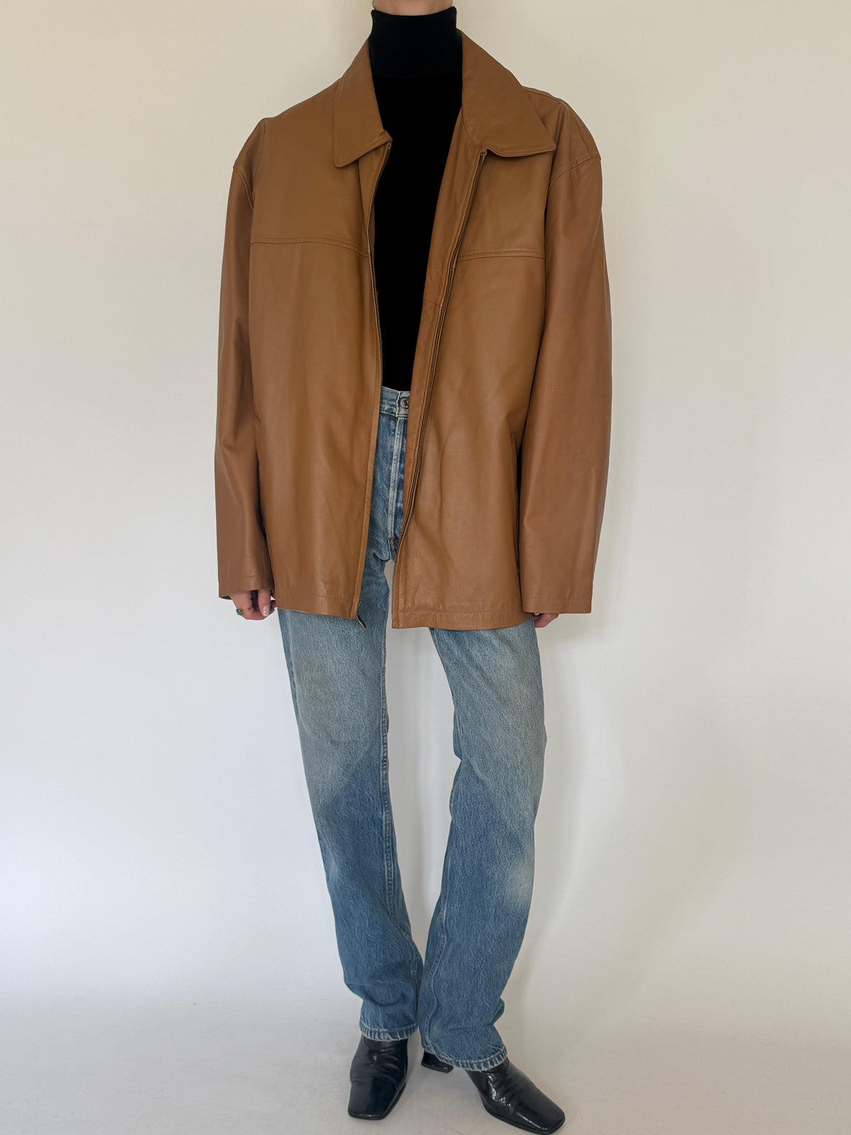 Vintage Zip-Front Leather Jacket Brown 0077