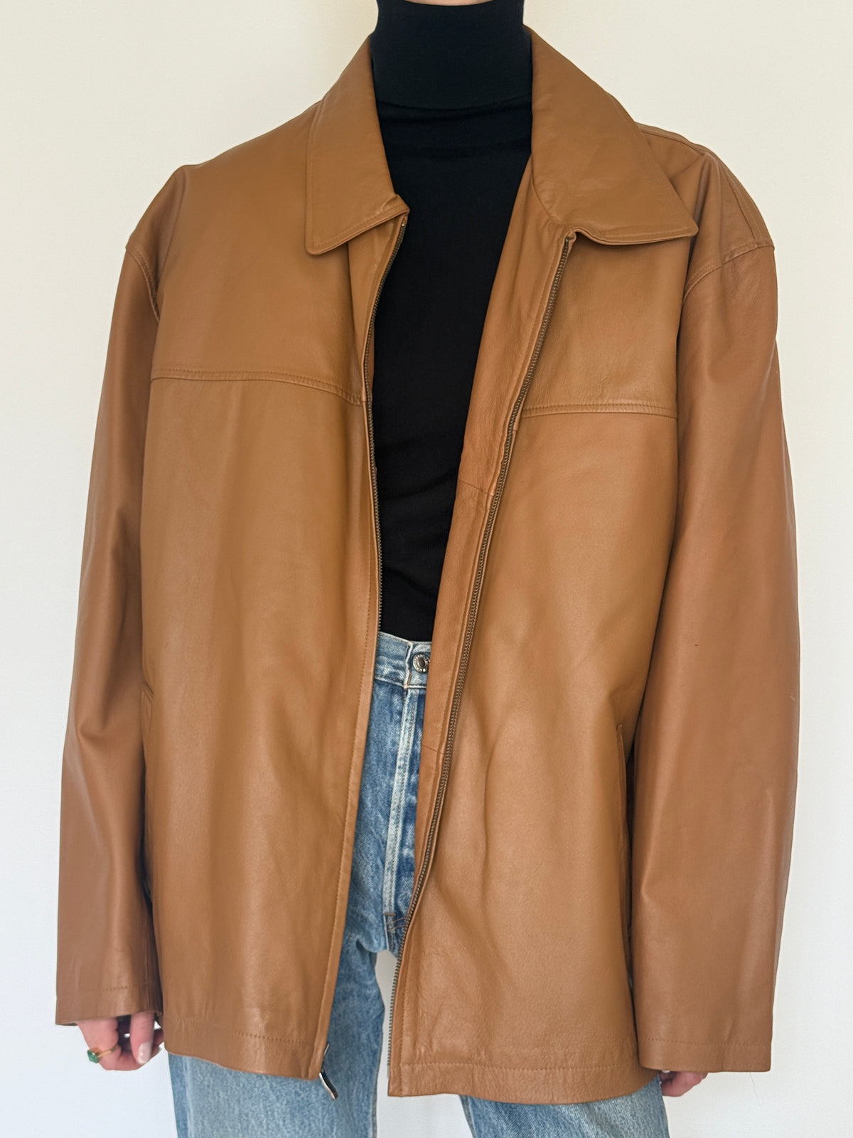Vintage Zip-Front Leather Jacket Brown 0077