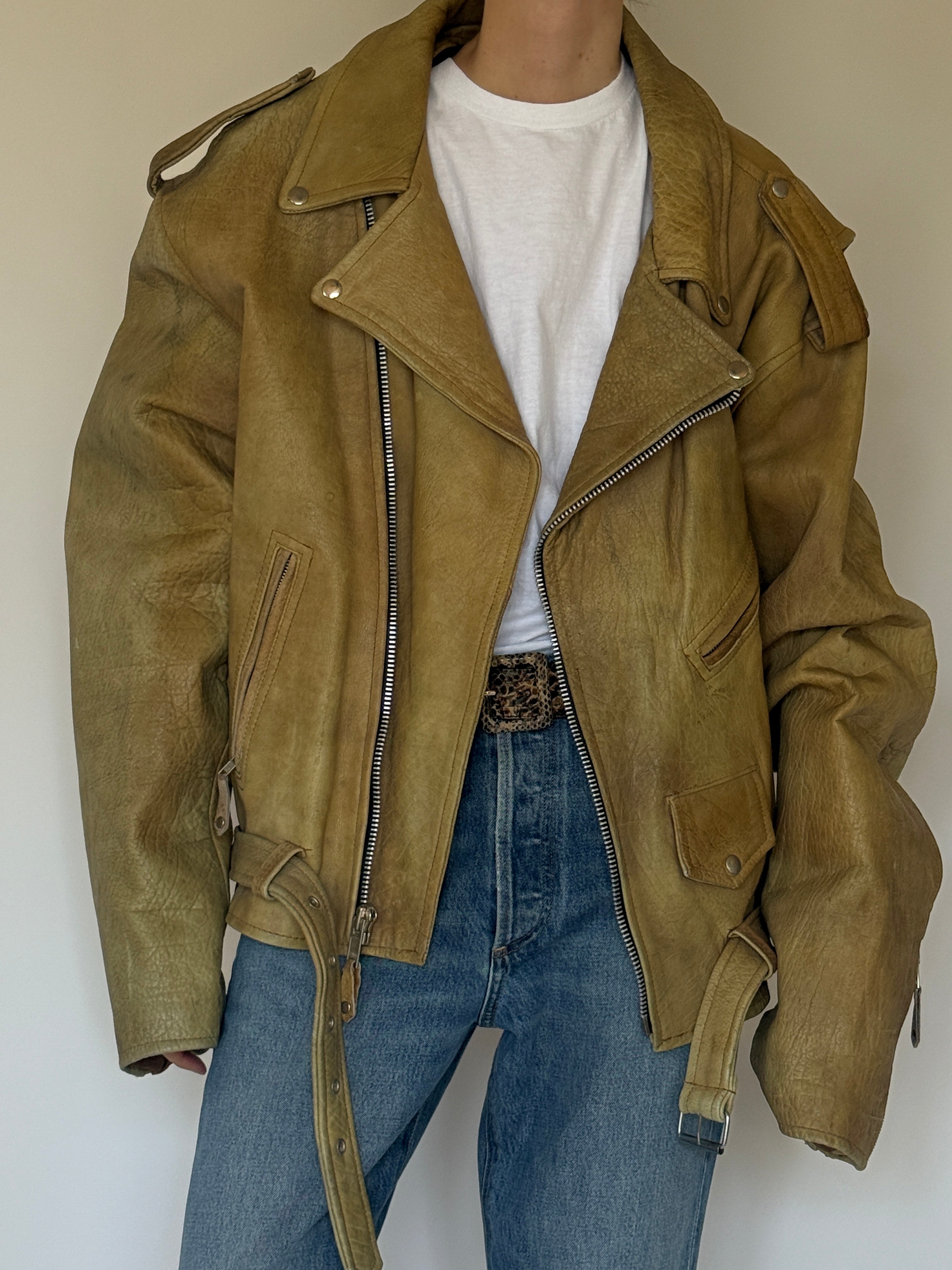 Vintage oversized structured beige leather biker jacket