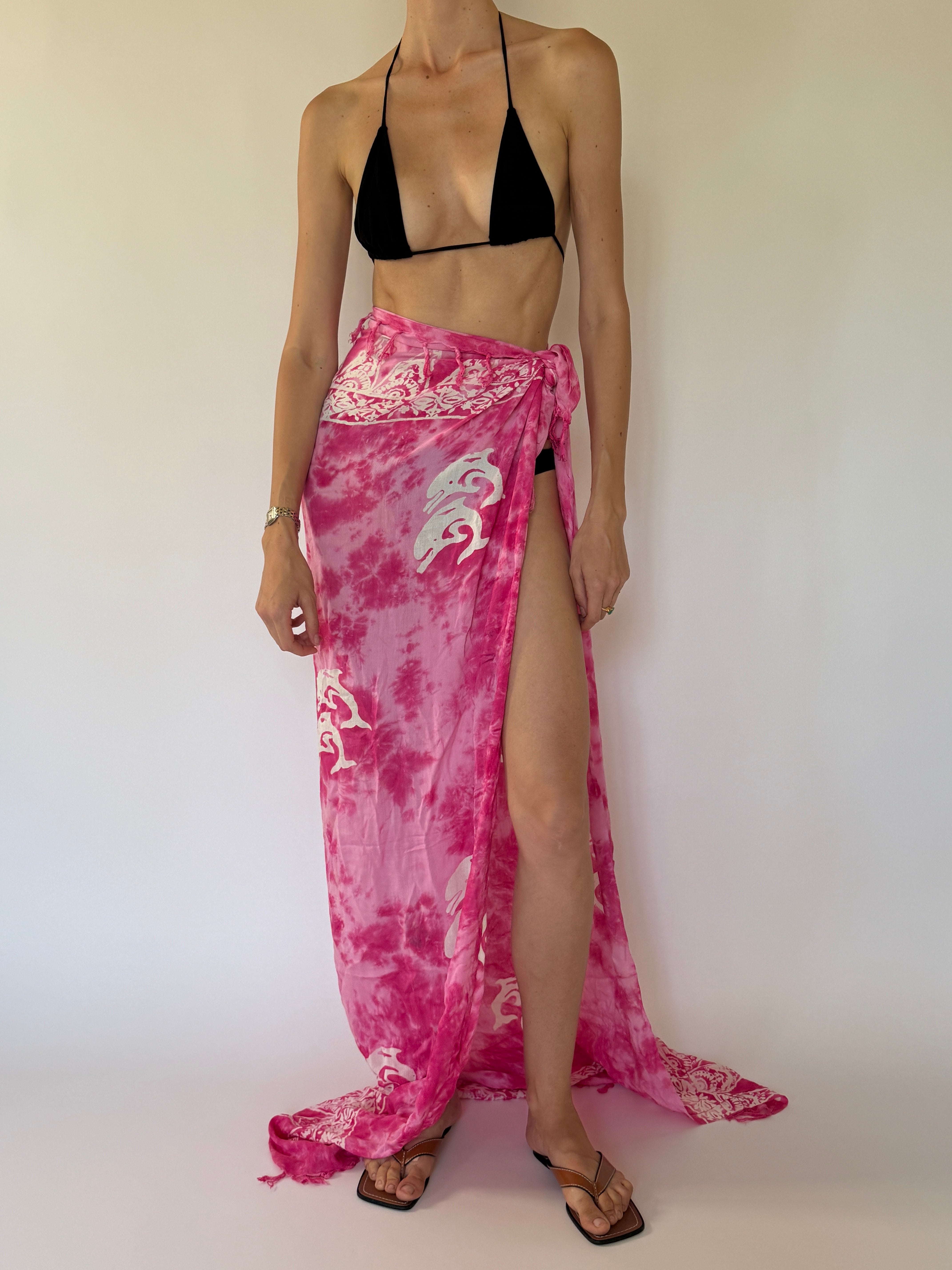 Vintage pink tie-dye swim cover up styled as a sarong front view