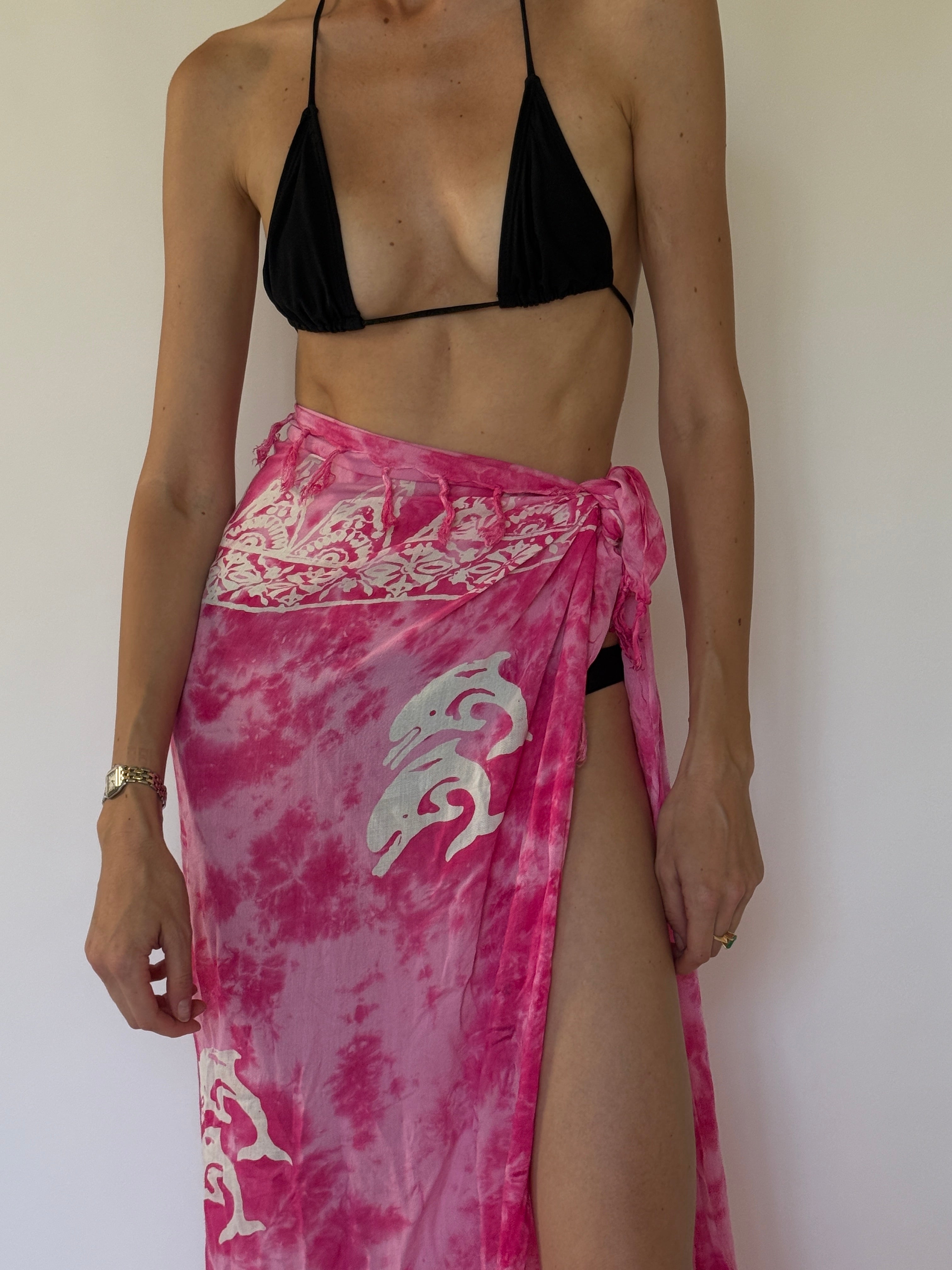 Vintage pink tie-dye swim cover up front view with side tie