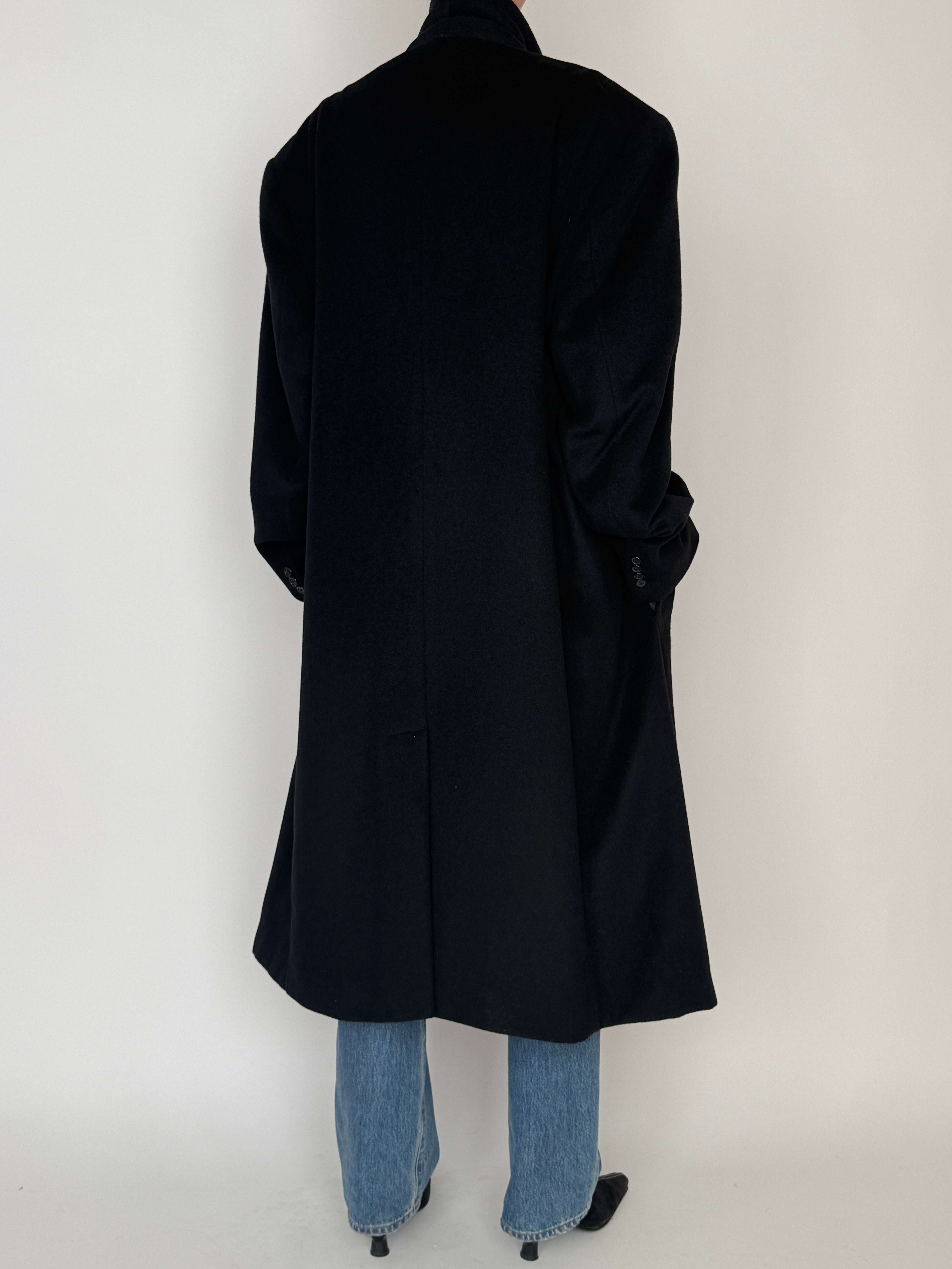 Vintage black long wool coat full length view
