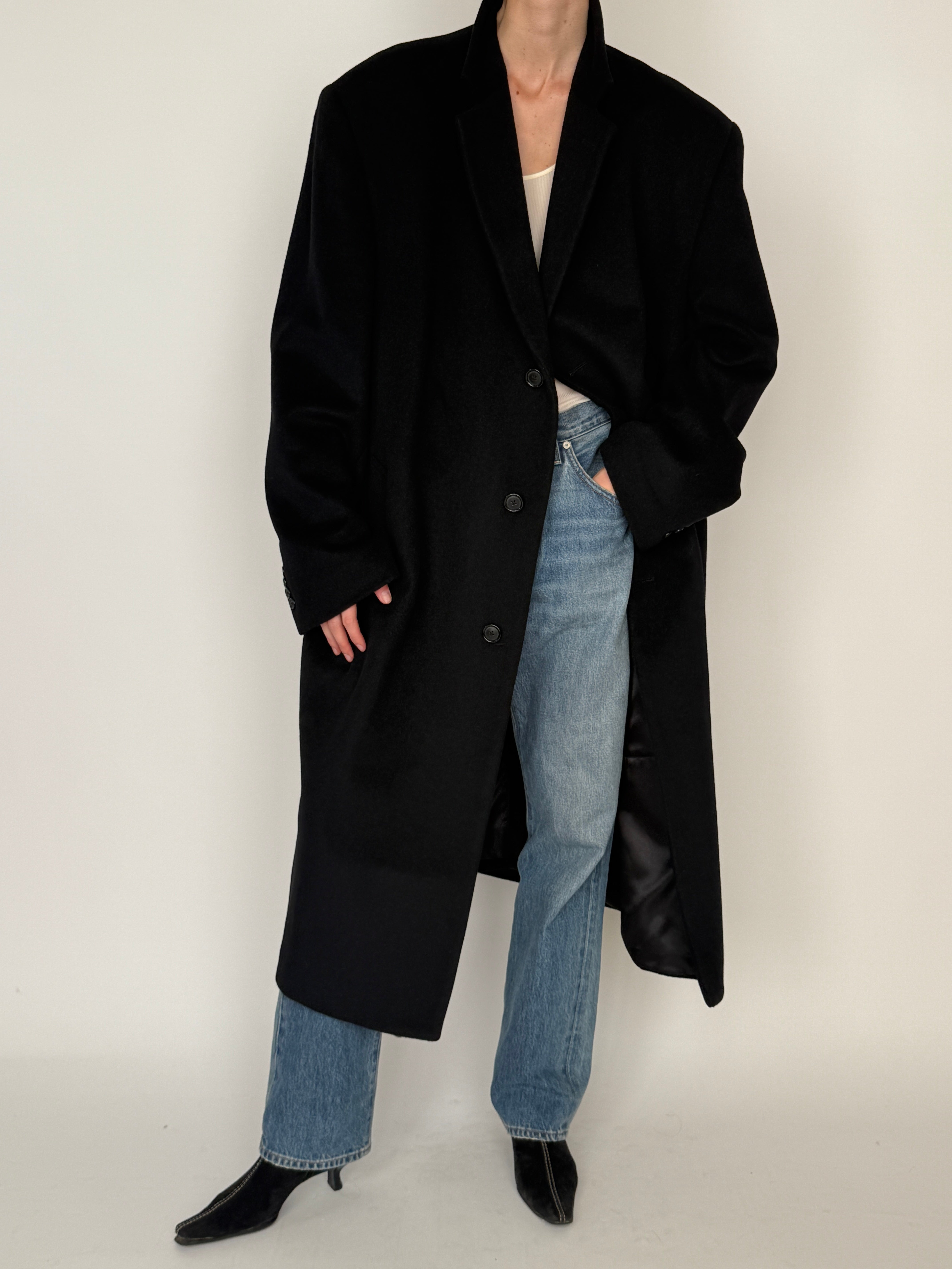 Vintage long wool coat black front view