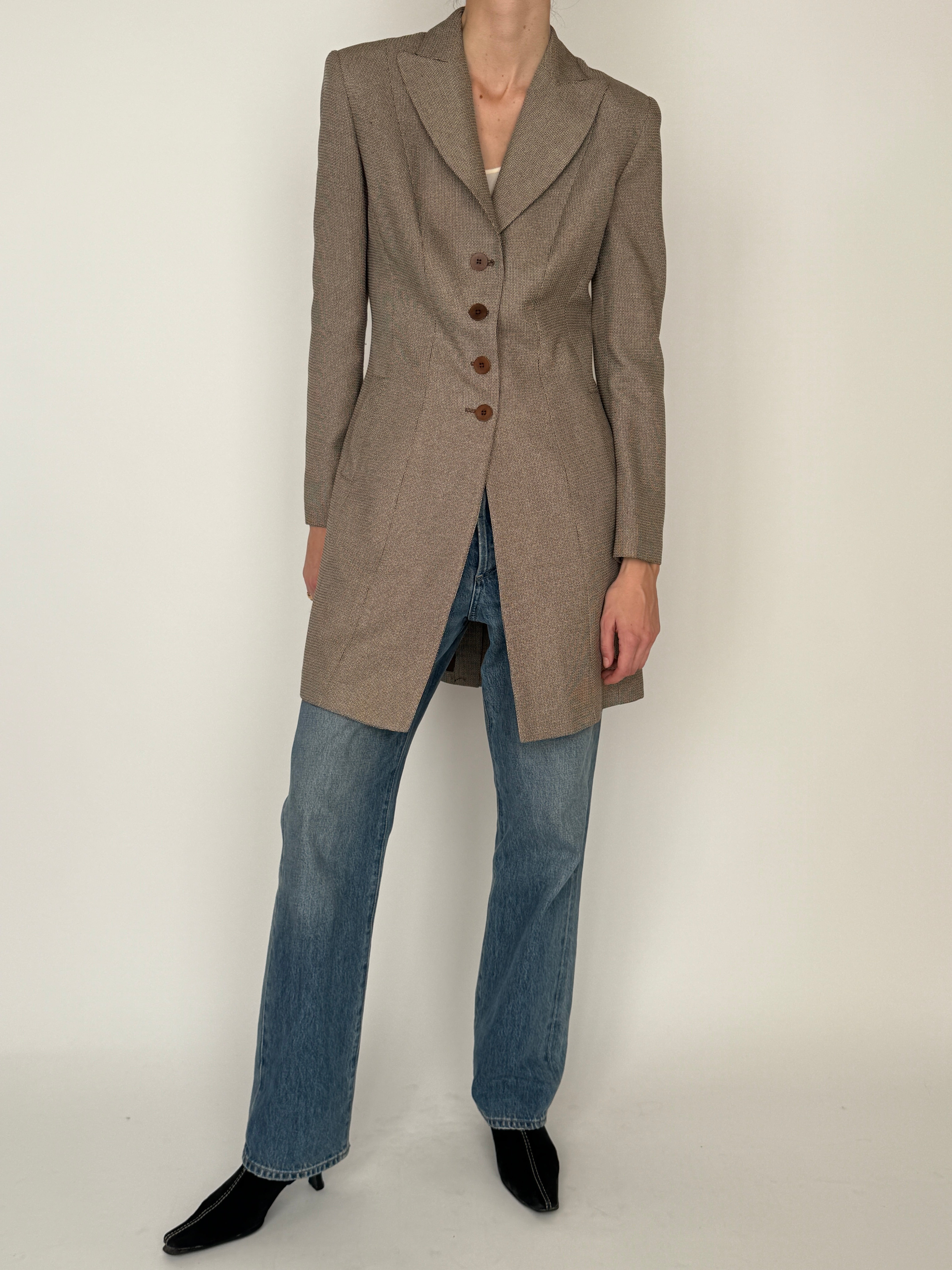 Vintage longline structured blazer brown front view