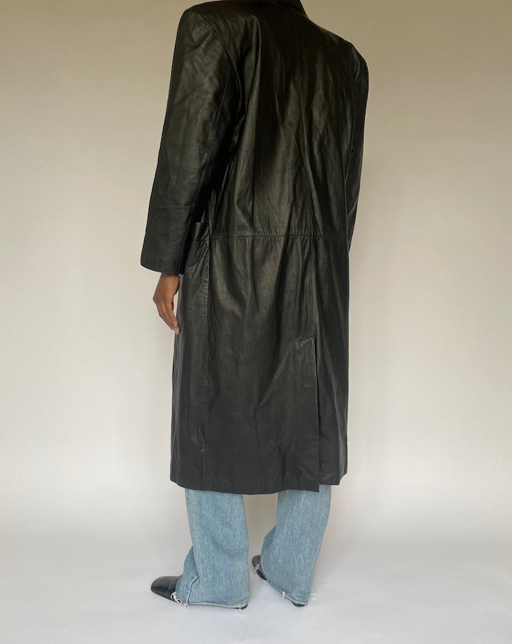VINTAGE BLACK LONG LEATHER  COAT 4869