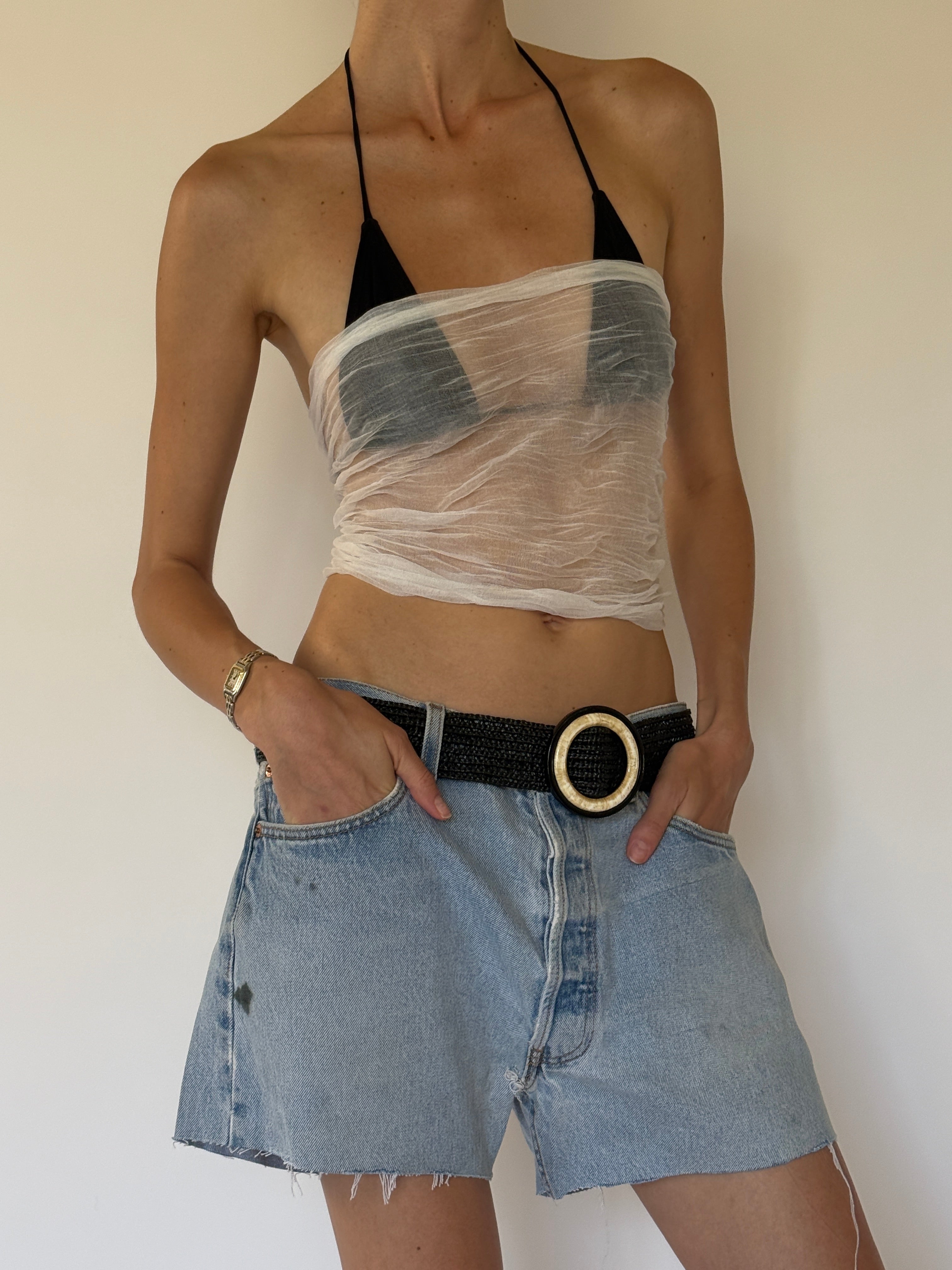 Vintage sheer white scarf worn as a top side view