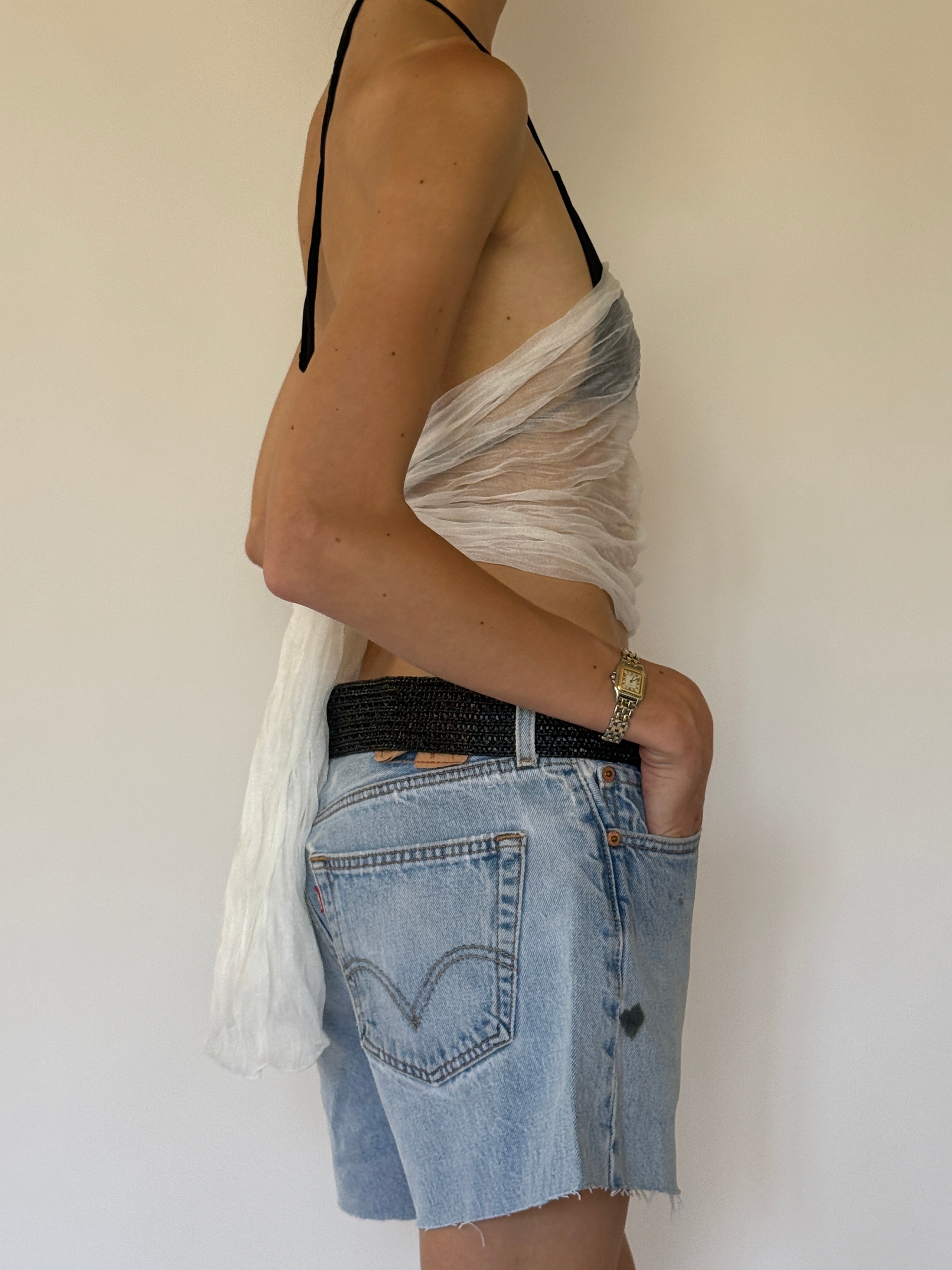 Vintage sheer white scarf worn as a top side view