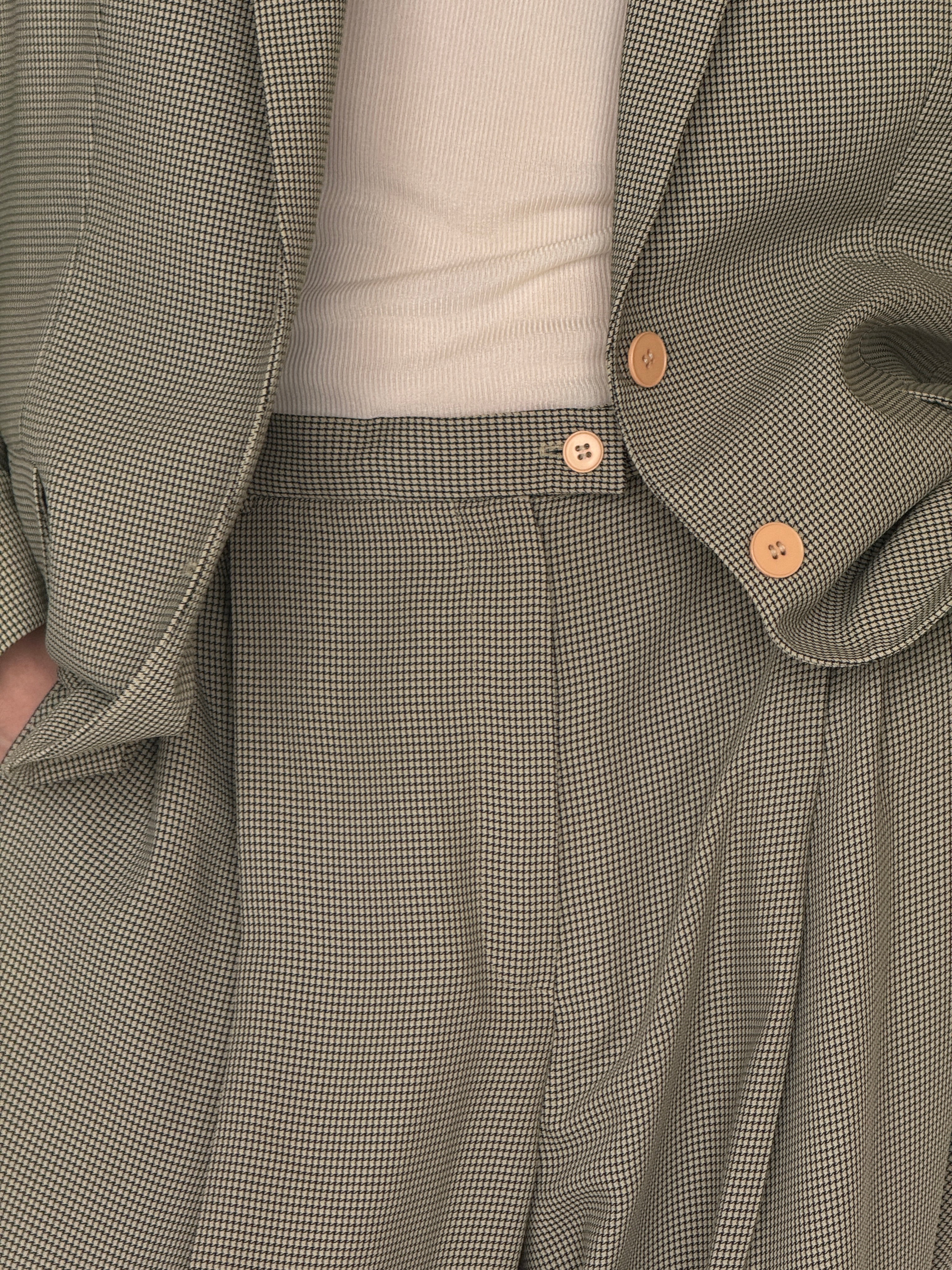 Vintage micro-check suit olive fabric close-up