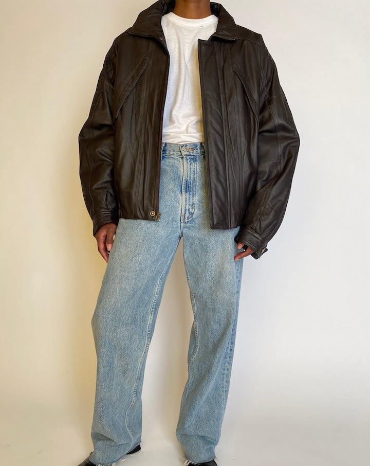 VINTAGE OVERSIZED DARK BROWN BOMBER-LIKE LEATHER JACKET  4515