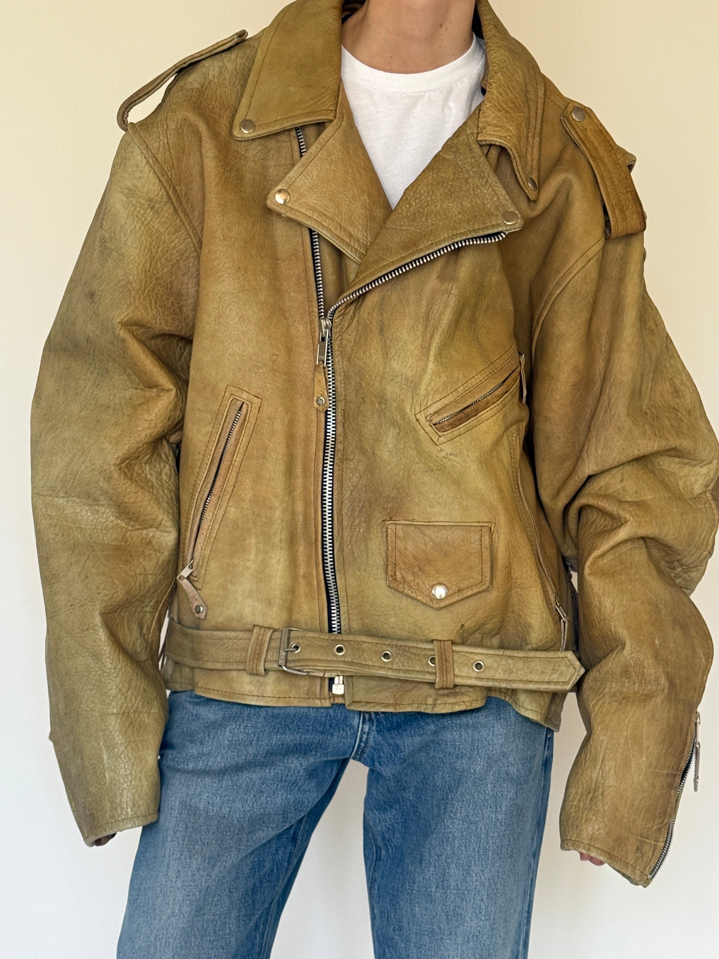 Vintage oversized beige leather biker jacket front view