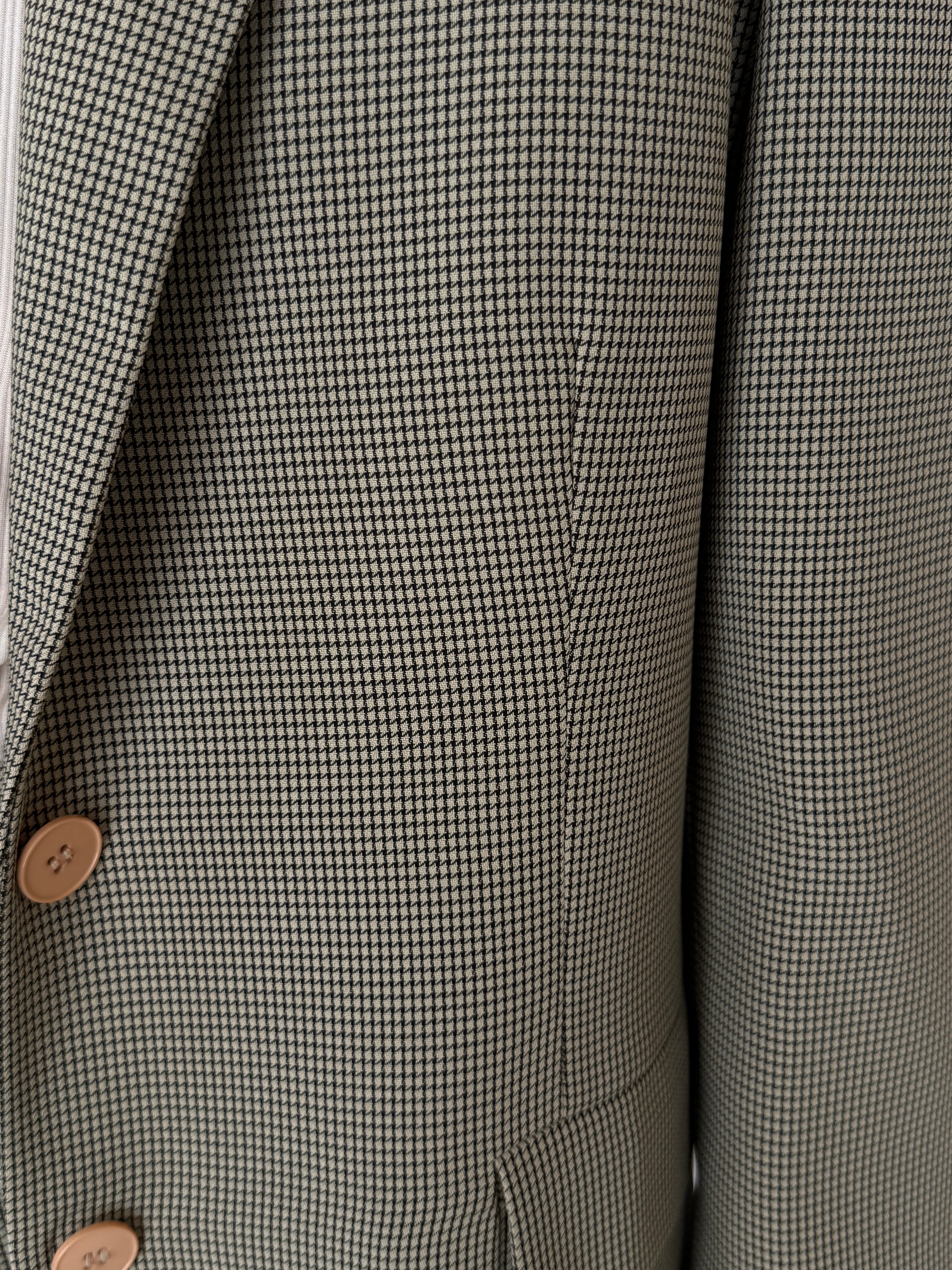 Vintage olive micro-check two-piece suit texture detail