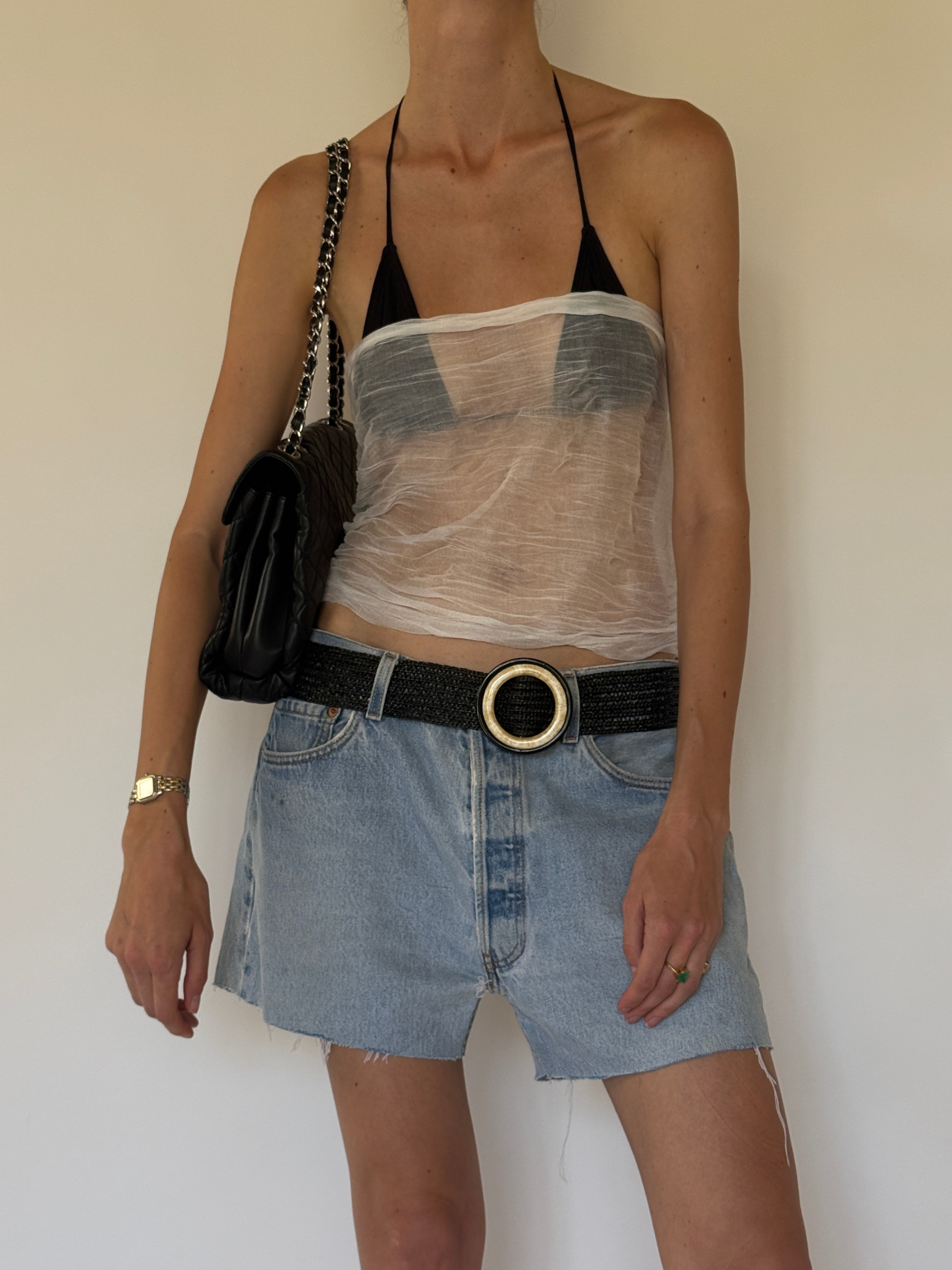 Vintage sheer white scarf worn as a strapless top front view