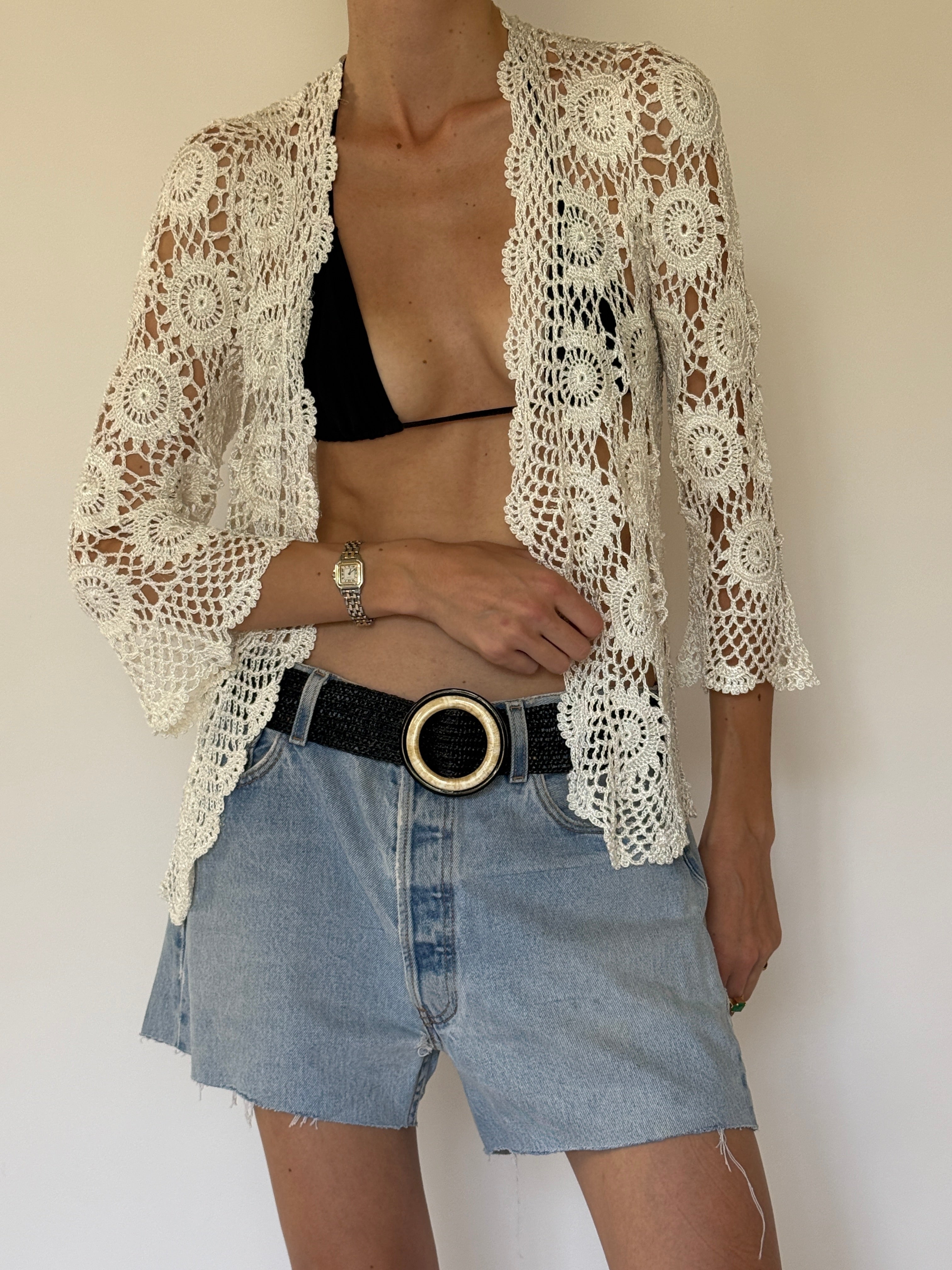 Vintage cream hand crochet cardigan front view