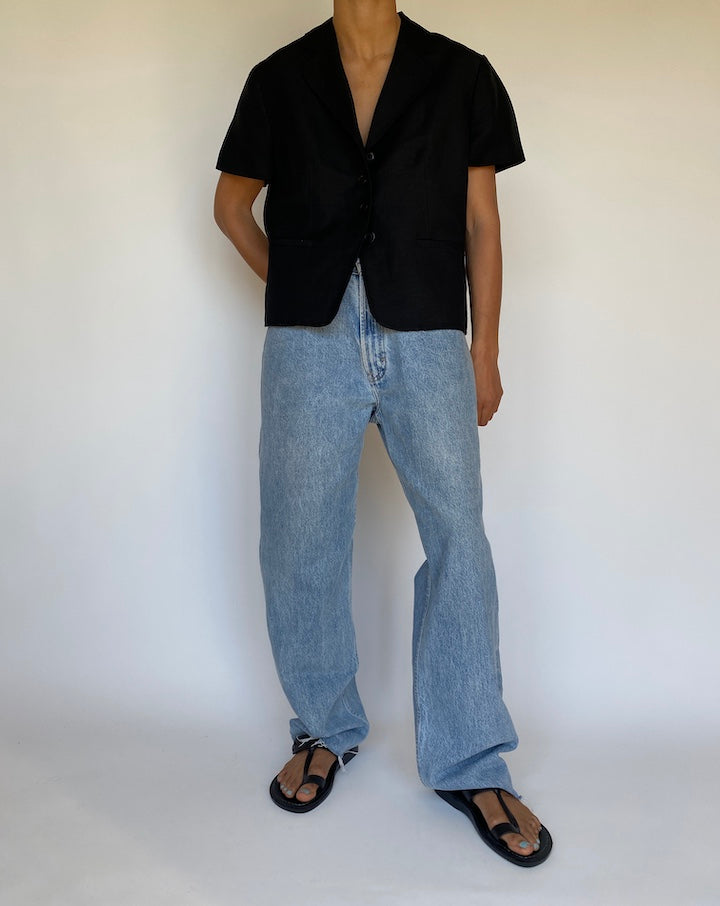 VINTAGE BLACK LINEN BLENDED SHORT SLEEVE TOP 3150