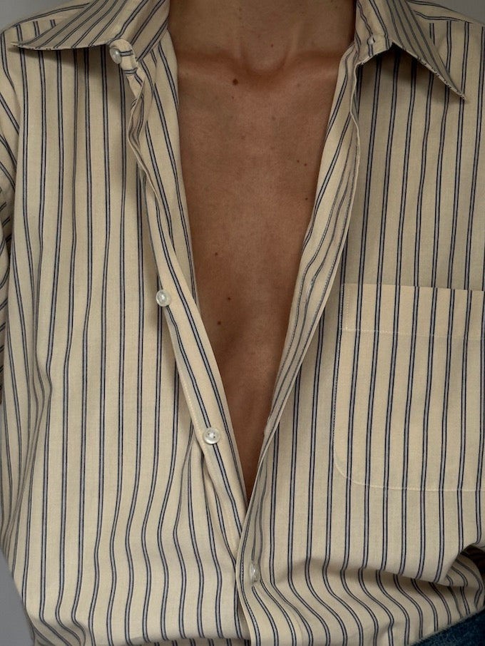 Vintage Striped Button-Down Shirt Cream & Navy 6506