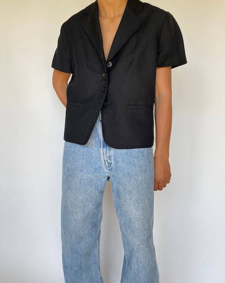 VINTAGE BLACK LINEN BLENDED SHORT SLEEVE TOP 3150