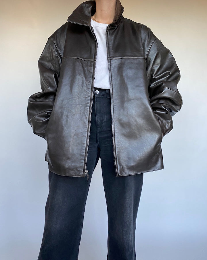 VINTAGE DARK BROWN BOXY LEATHER JACKET 476