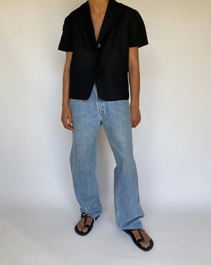 VINTAGE BLACK LINEN BLENDED SHORT SLEEVE TOP 3150