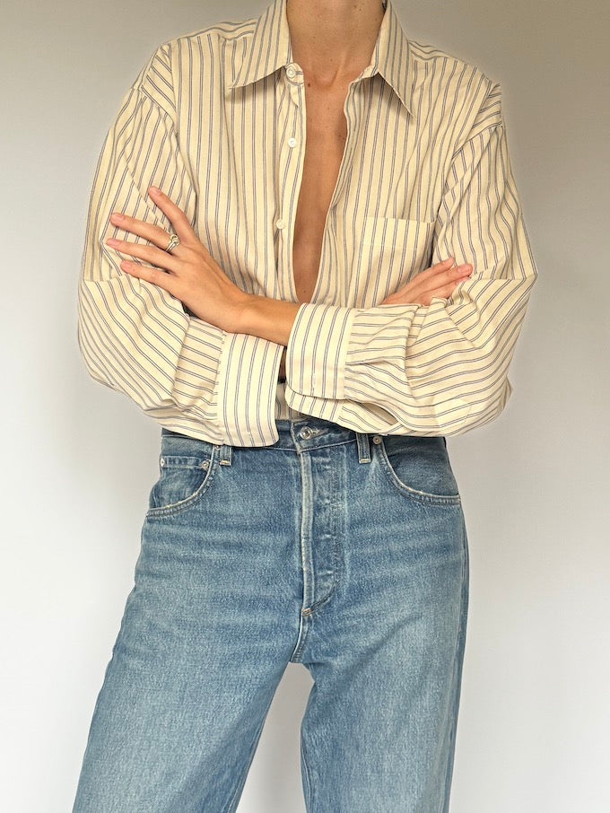 Vintage Striped Button-Down Shirt Cream & Navy 6506