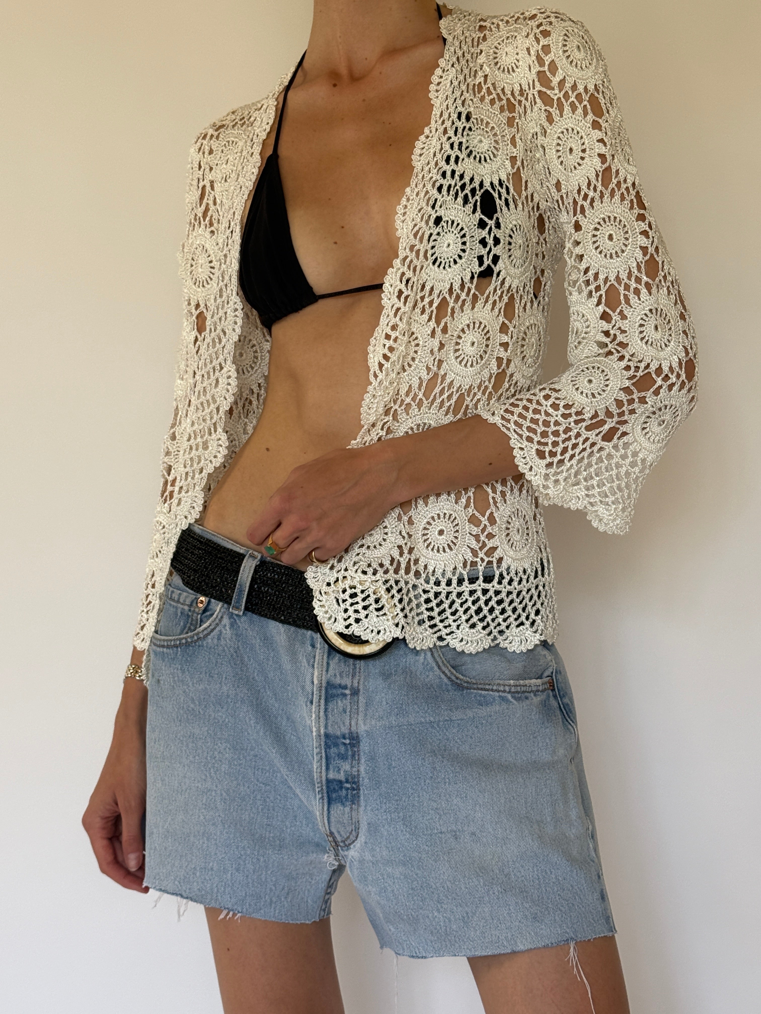 Vintage cream crochet cardigan side view