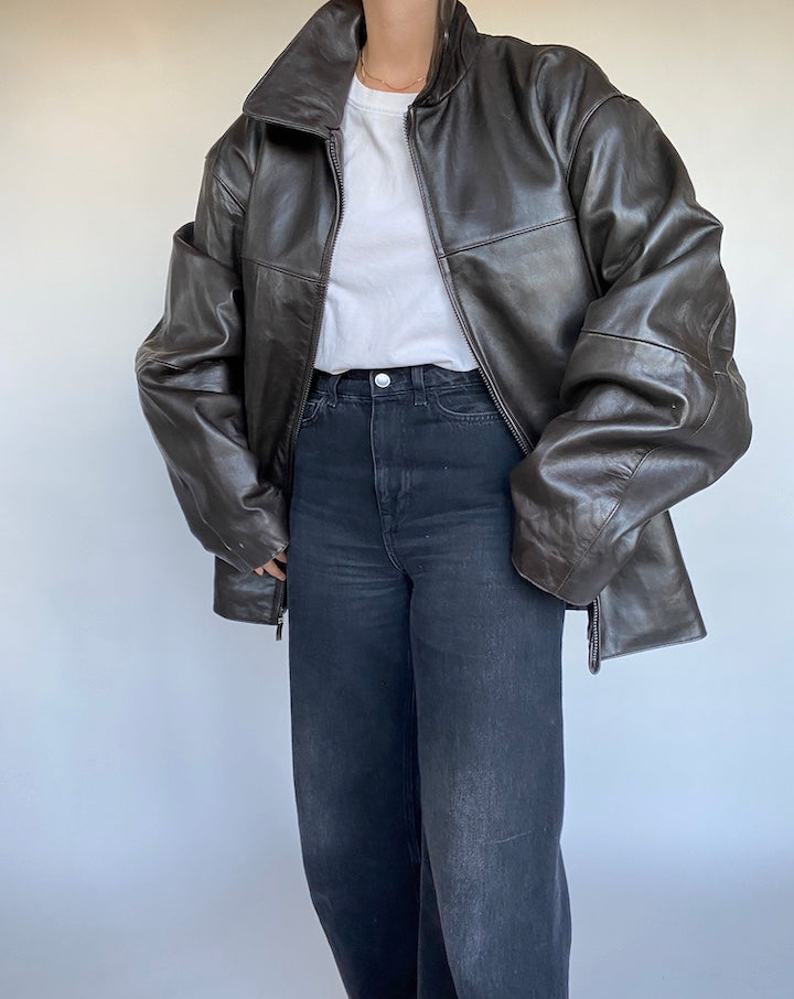 VINTAGE DARK BROWN BOXY LEATHER JACKET 476