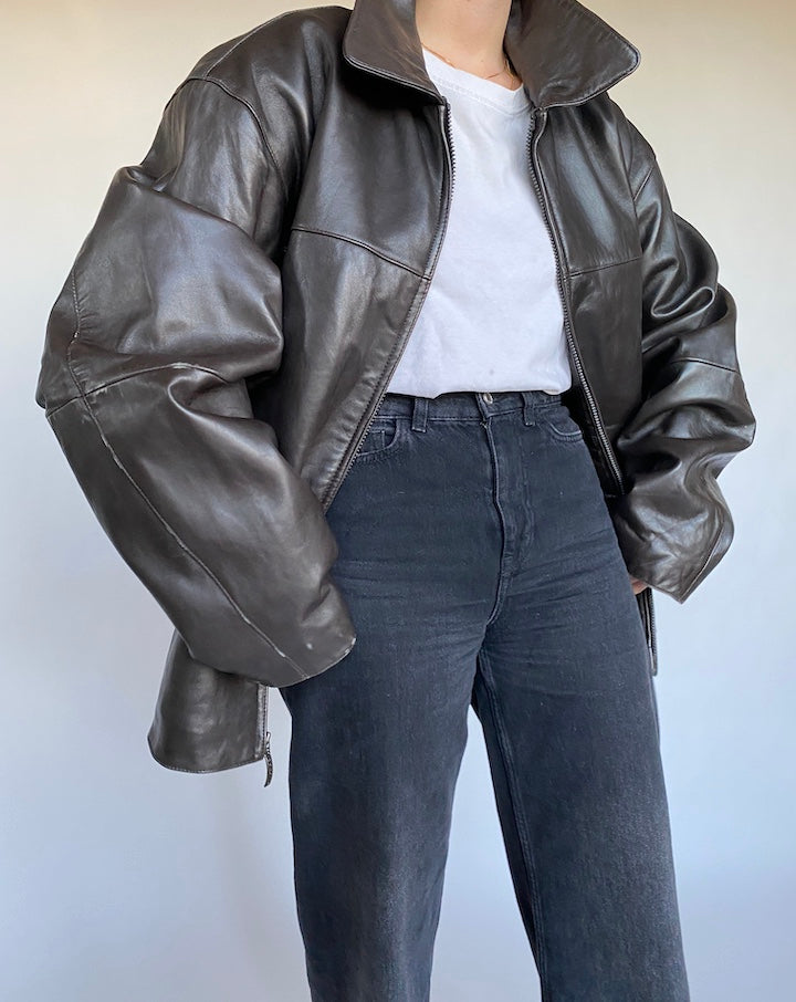 VINTAGE DARK BROWN BOXY LEATHER JACKET 476