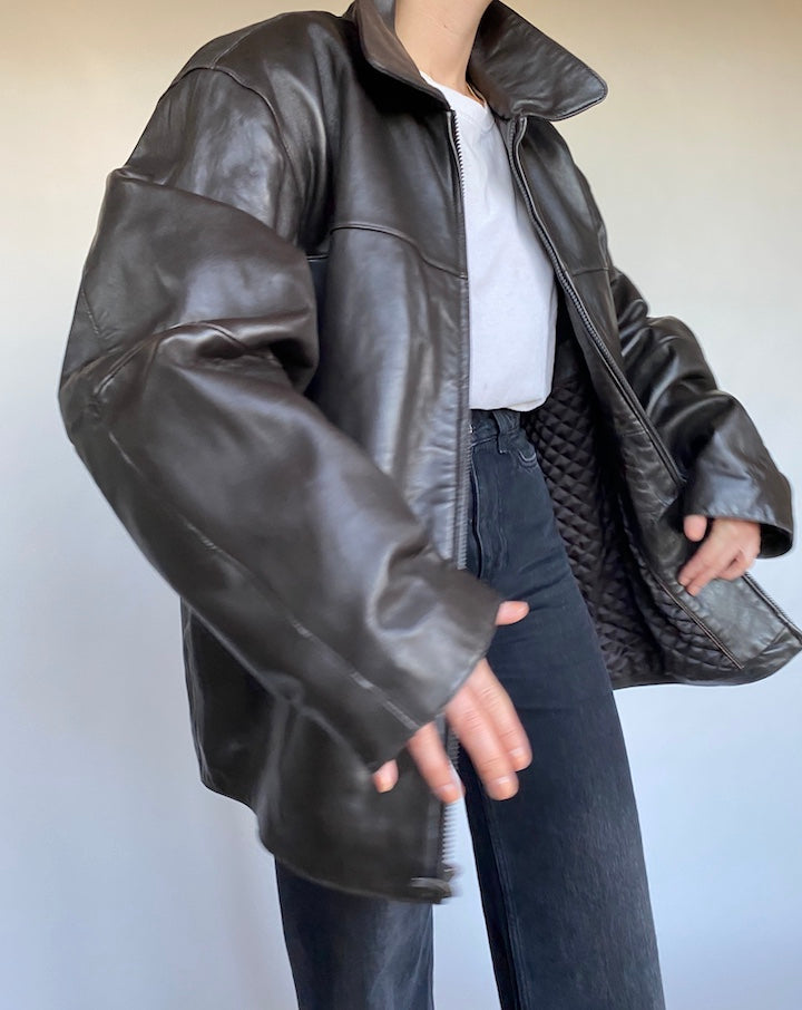 VINTAGE DARK BROWN BOXY LEATHER JACKET 476