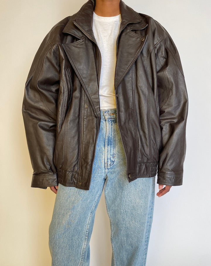 VINTAGE OVERSIZED DARK BROWN BOMBER-LIKE LEATHER JACKET 4520