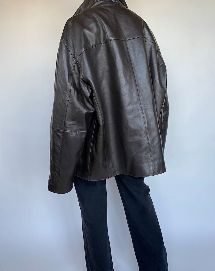 VINTAGE DARK BROWN BOXY LEATHER JACKET 476