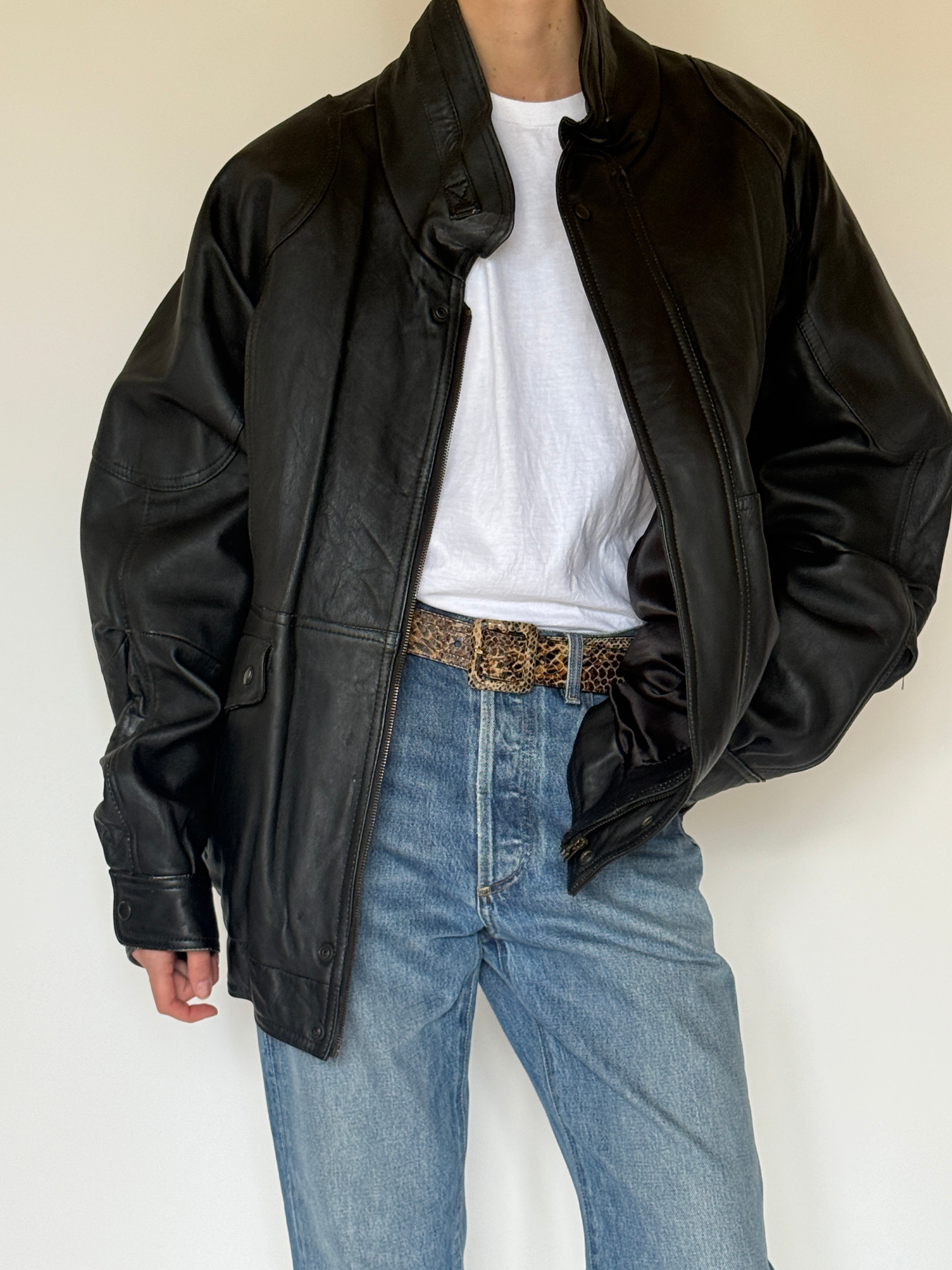 Vintage oversized leather jacket black front view