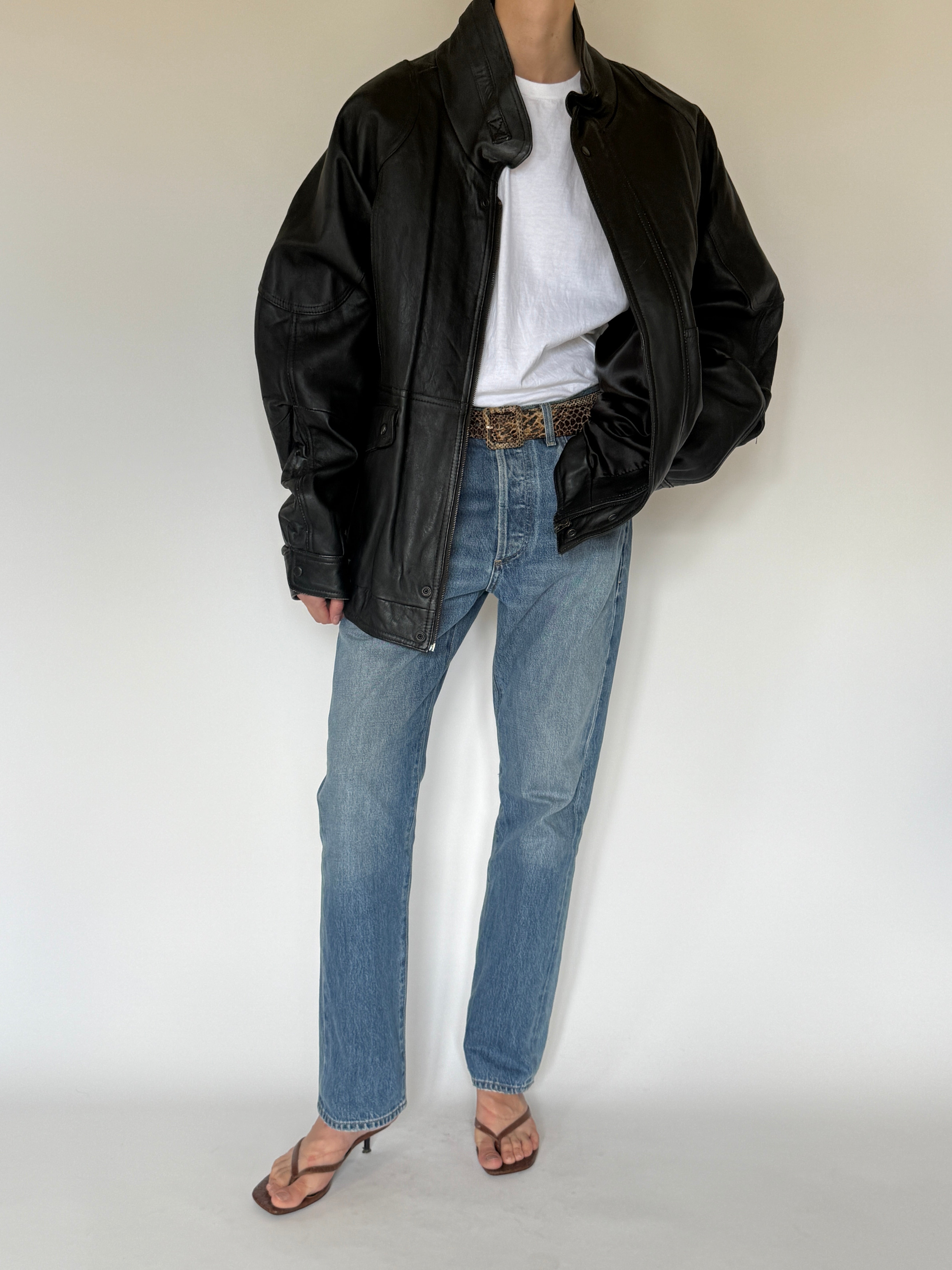 Vintage oversized leather jacket black front view